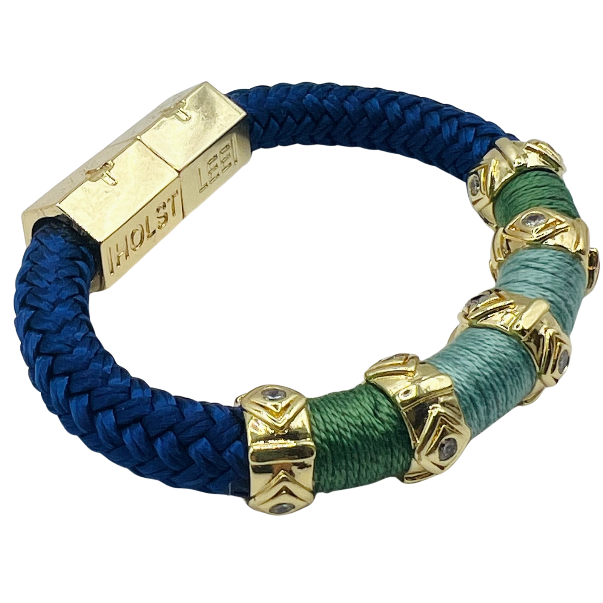 Eucalyptus blue and green braided rope bracelet with 18K gold-filled evil eye ferrule accents and gold magnetic clasped bracelet by HOLST+LEE
