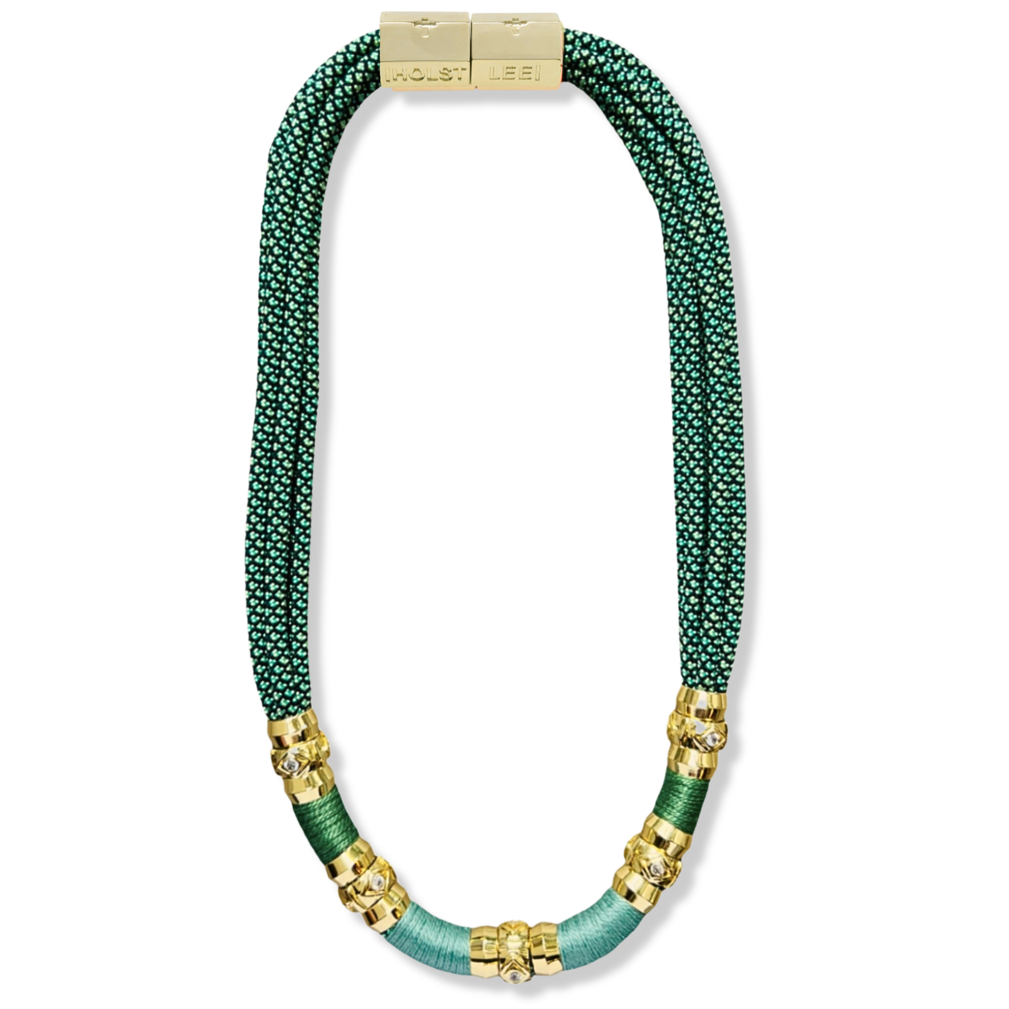 Emerald and mint thread wrapped necklace with gold evil eye ferrule accents and gold magnetic clasped necklace by HOLST+LEE