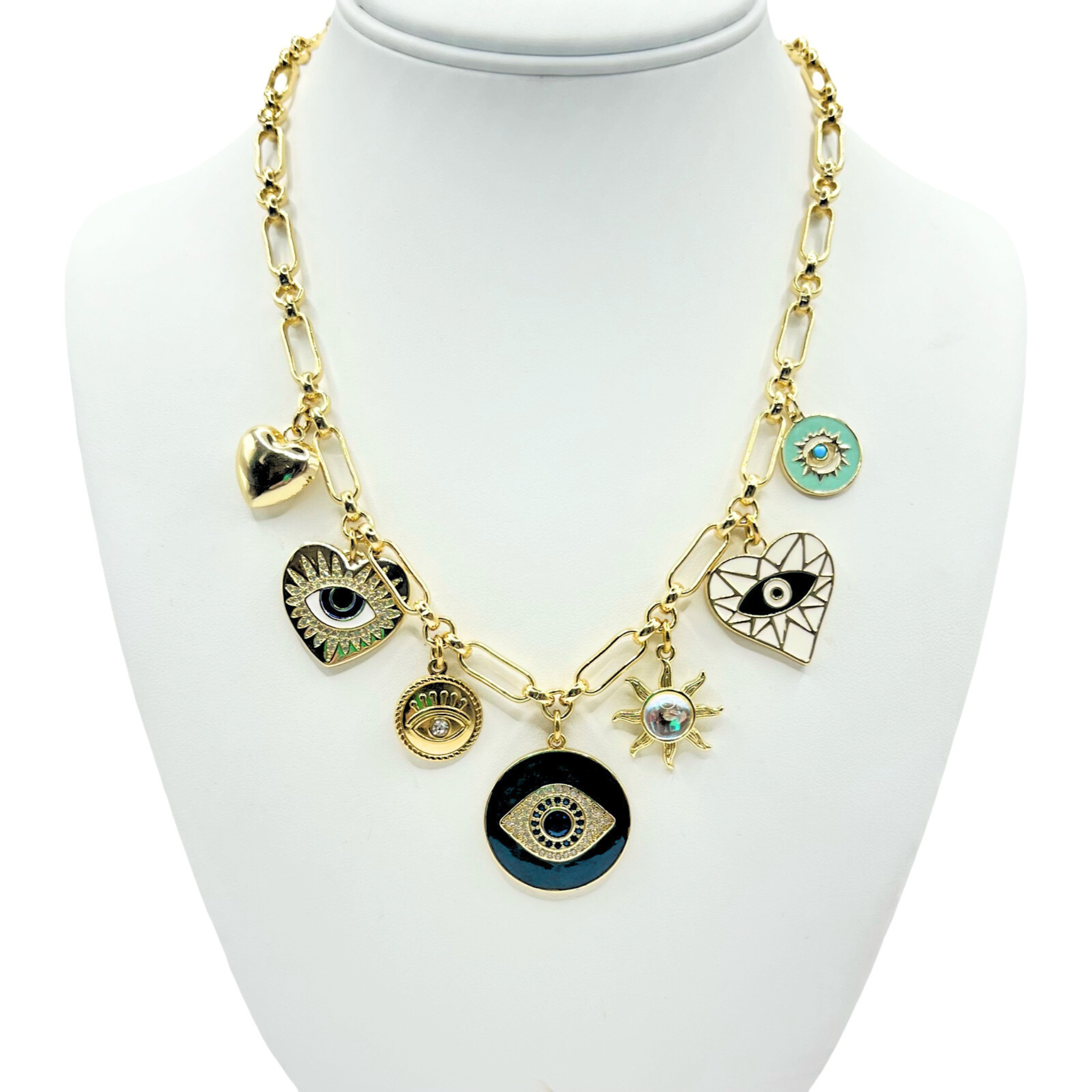 Gold thick link chain necklace with evil eye, sun, and heart charms by HOLST+LEE