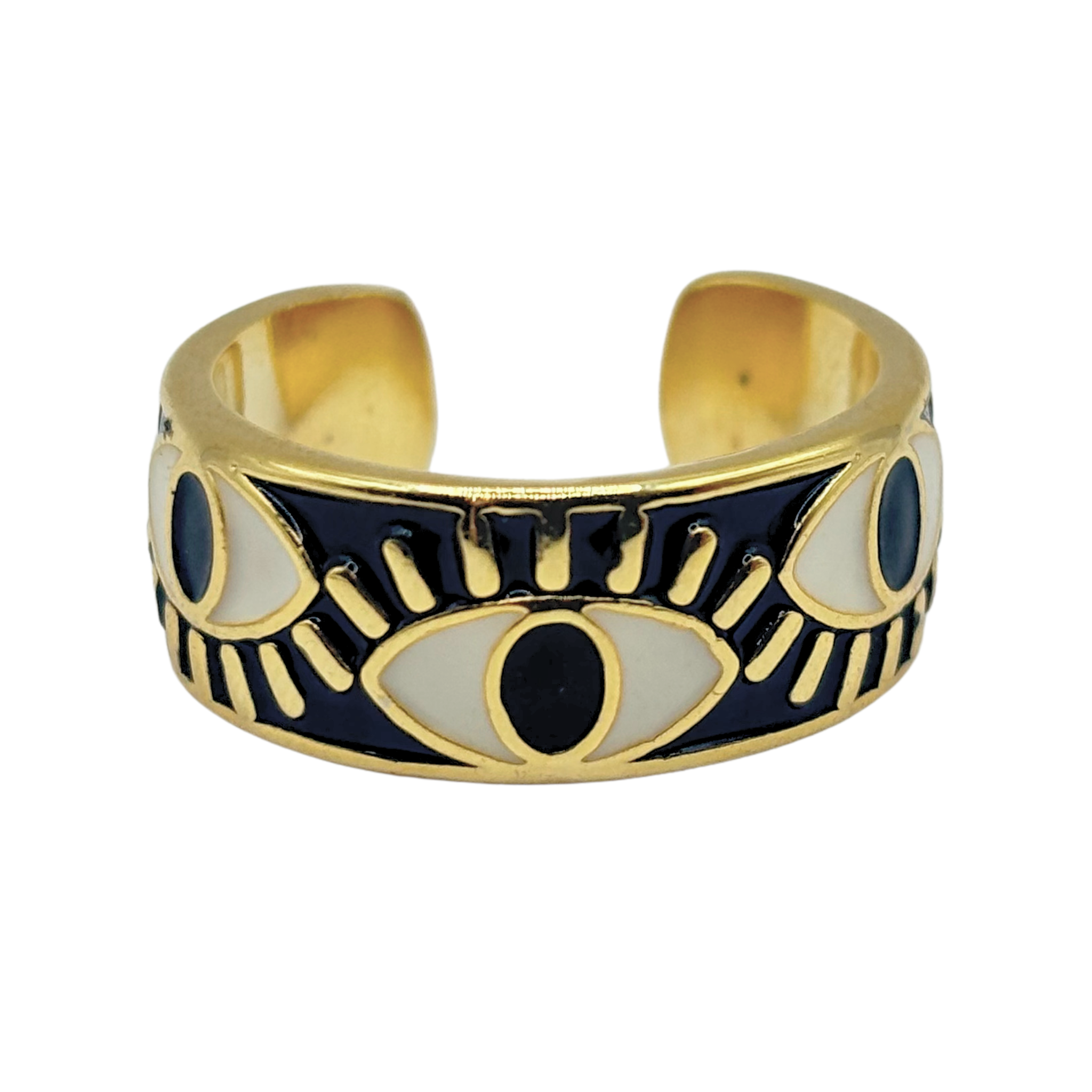 Black and gold evil eye cuff ring band with multiple eye motifs and open adjustable back by HOLST+LEE