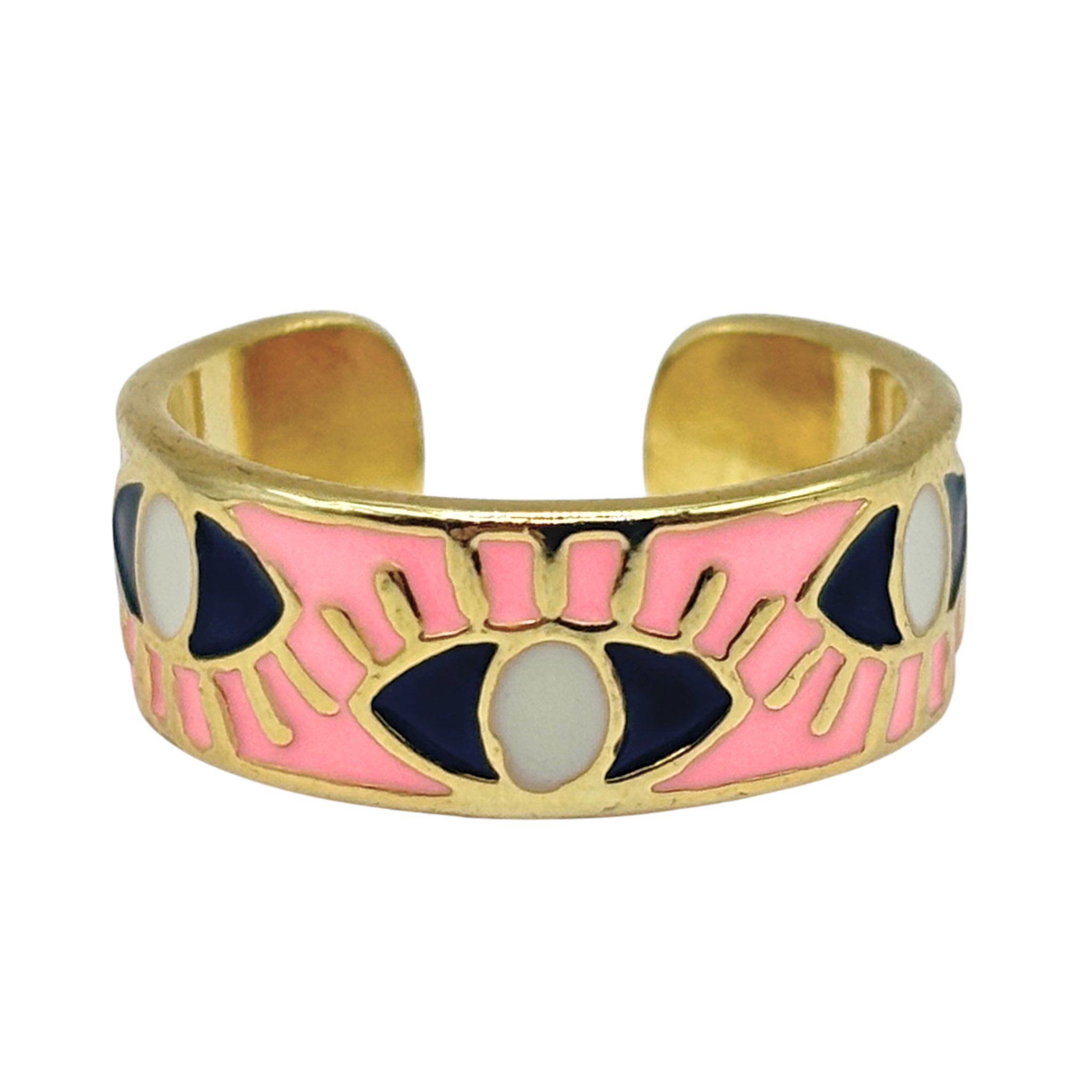 Pink and gold evil eye cuff ring band with multiple eye motifs and open adjustable back by HOLST+LEE