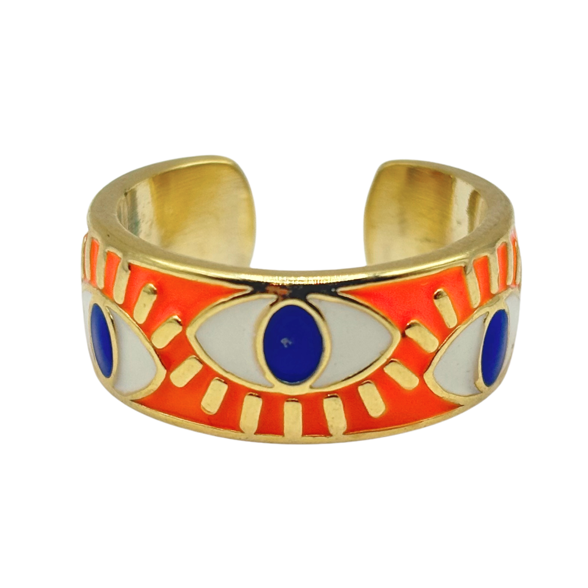 Orange and gold evil eye cuff ring band with multiple eye motifs and open adjustable back by HOLST+LEE