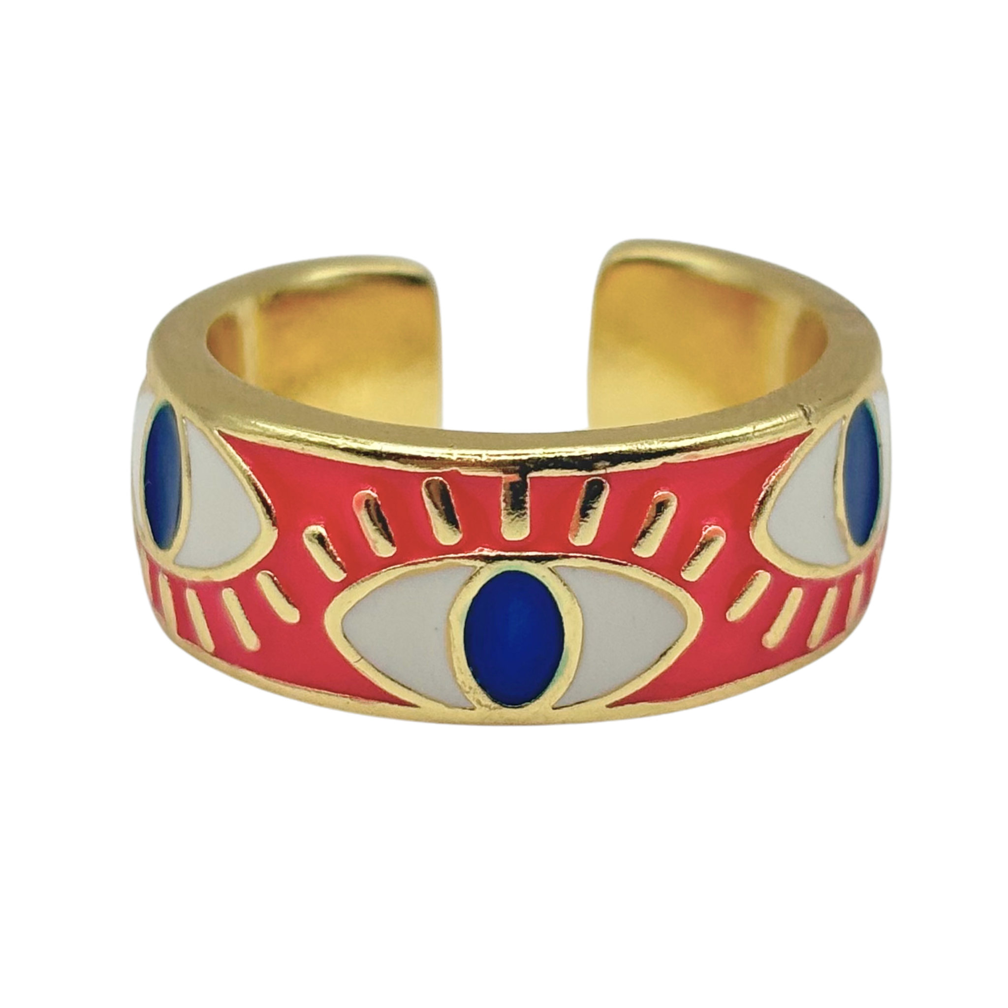 Raspberry pink and gold evil eye cuff ring band with multiple eye motifs and open adjustable back by HOLST+LEE