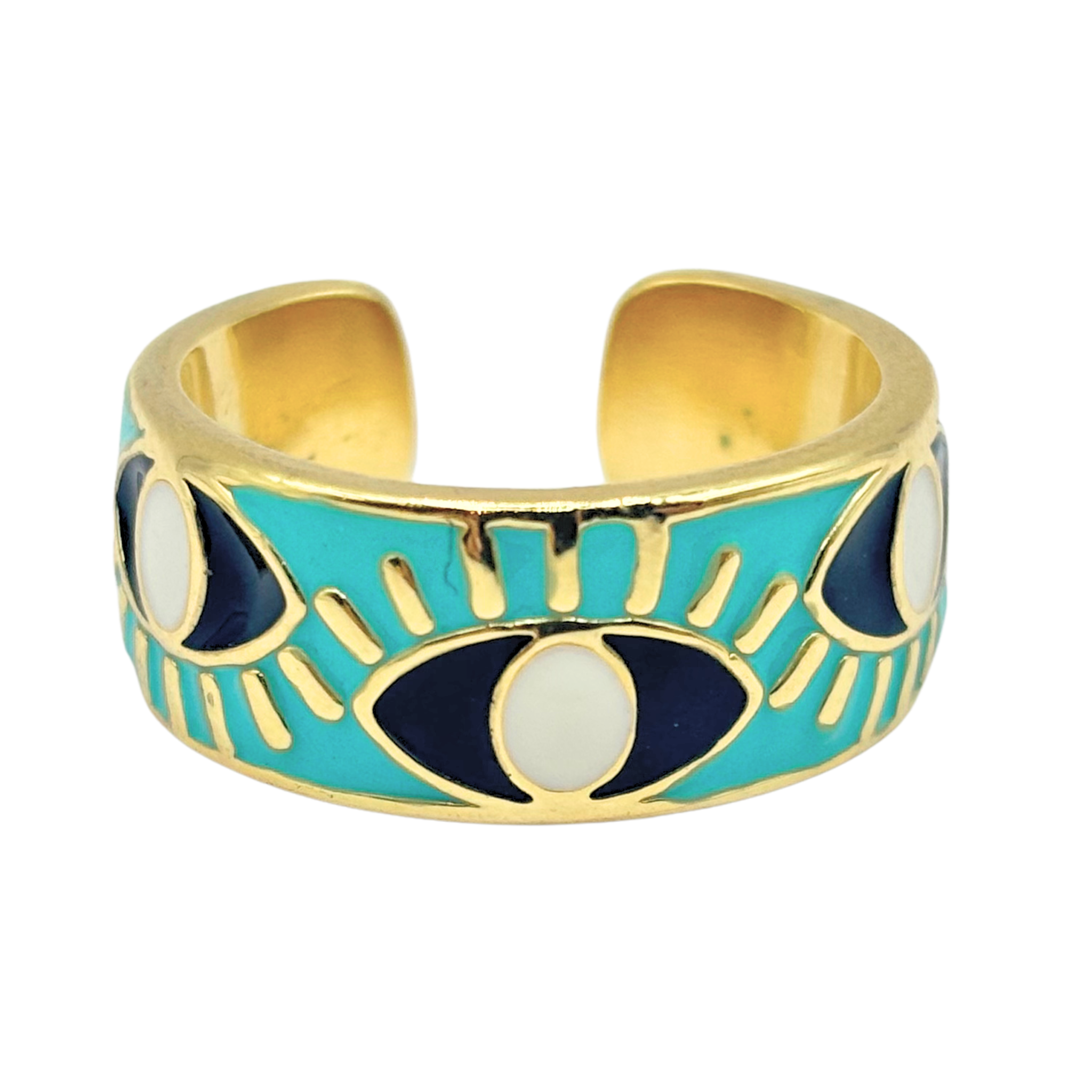 Turquoise and gold evil eye cuff ring band with multiple eye motifs and open adjustable back by HOLST+LEE