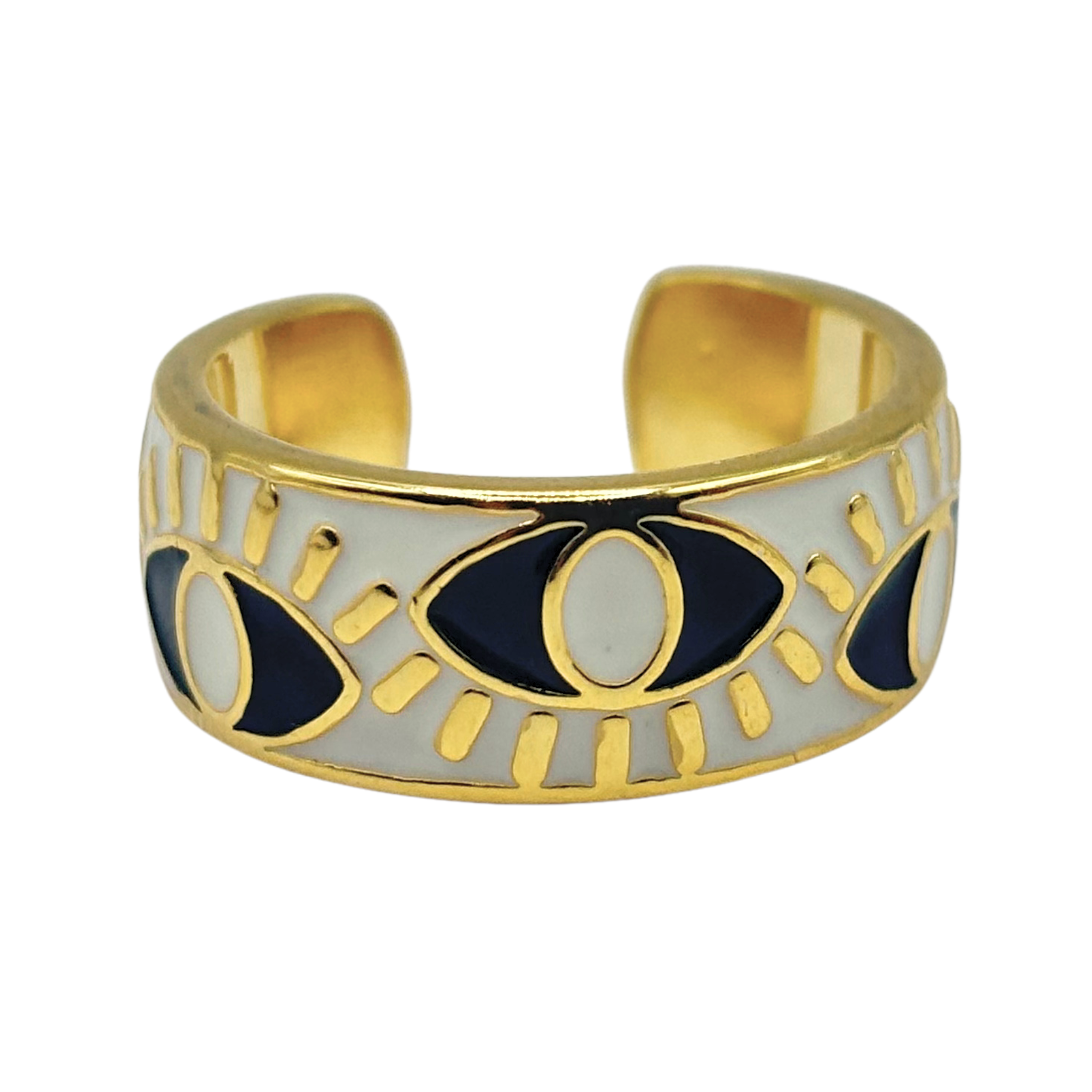 White and gold evil eye cuff ring band with multiple eye motifs and open adjustable back by HOLST+LEE