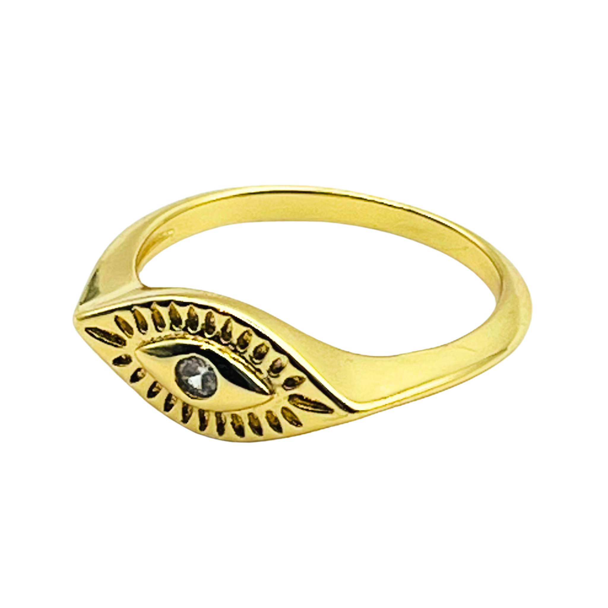 Gold ring with a design resembling an eye, featuring a rhinestone as the pupil by HOLST+LEE