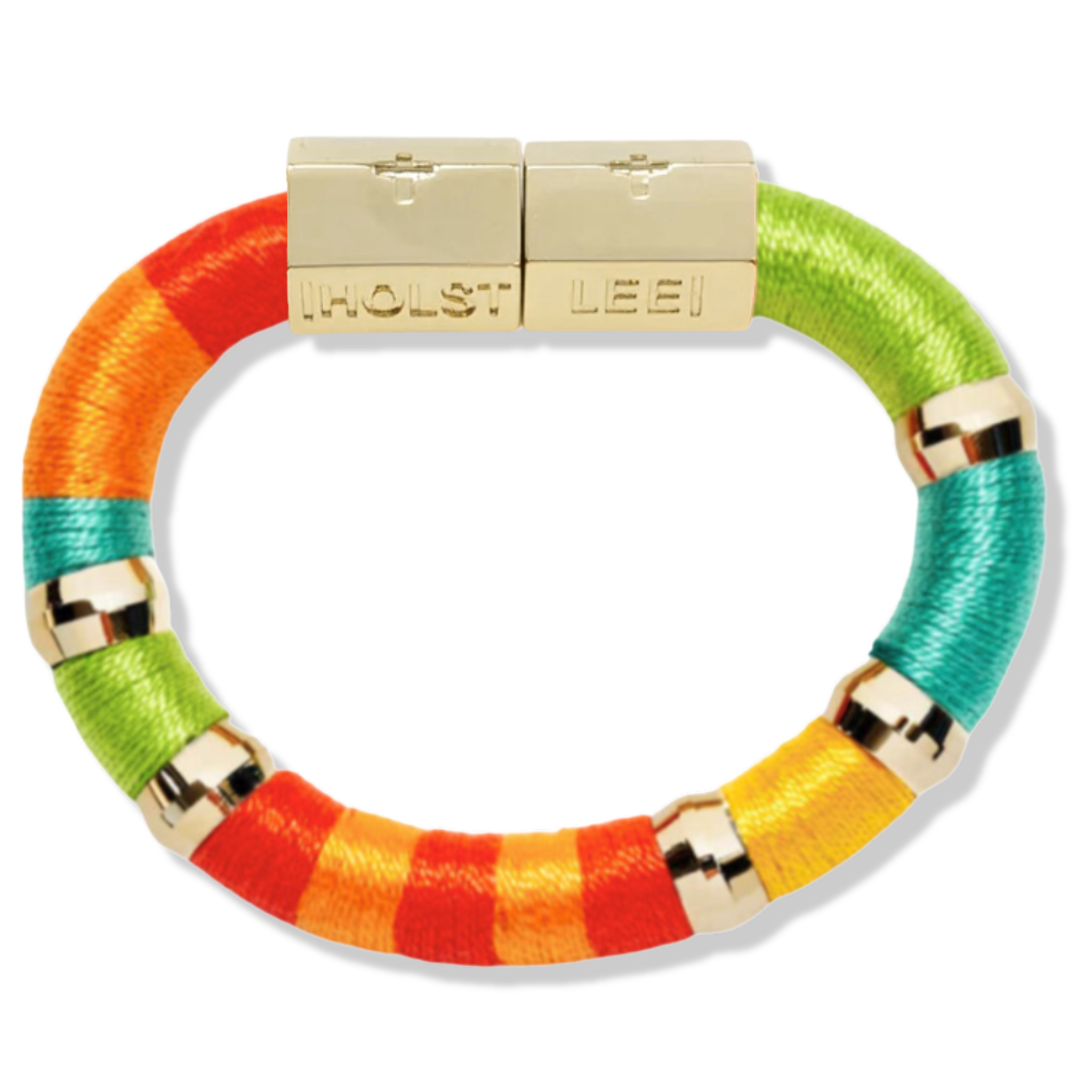 Yellow, orange, blue, green thread wrapped bracelet with gold magnetic clasped bracelet and gold ferrule accents by HOLST+LEE 