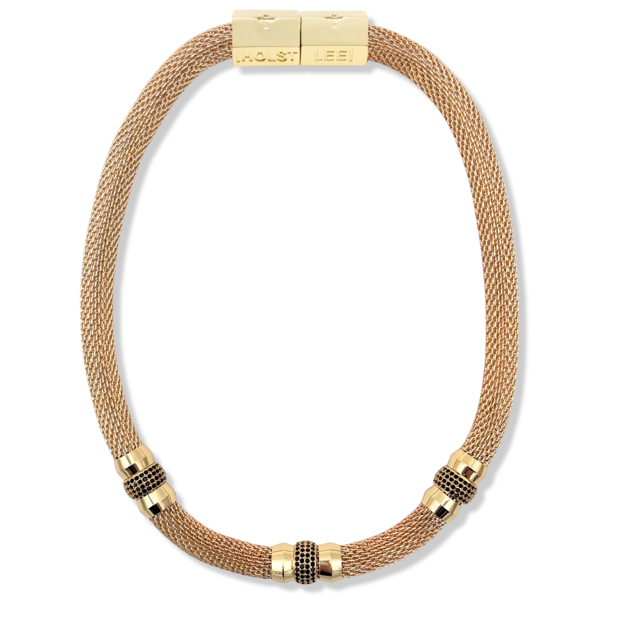 Gold woven mesh necklace with pavé crystal ferrule stack and gold magnetic clasped necklace by HOLST+LEE