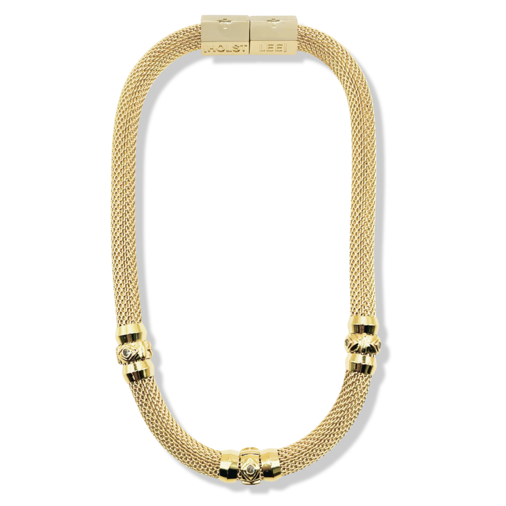 Gold woven mesh necklace with gold evil eye ferrule accents and gold magnetic clasped necklace by HOLST+LEE