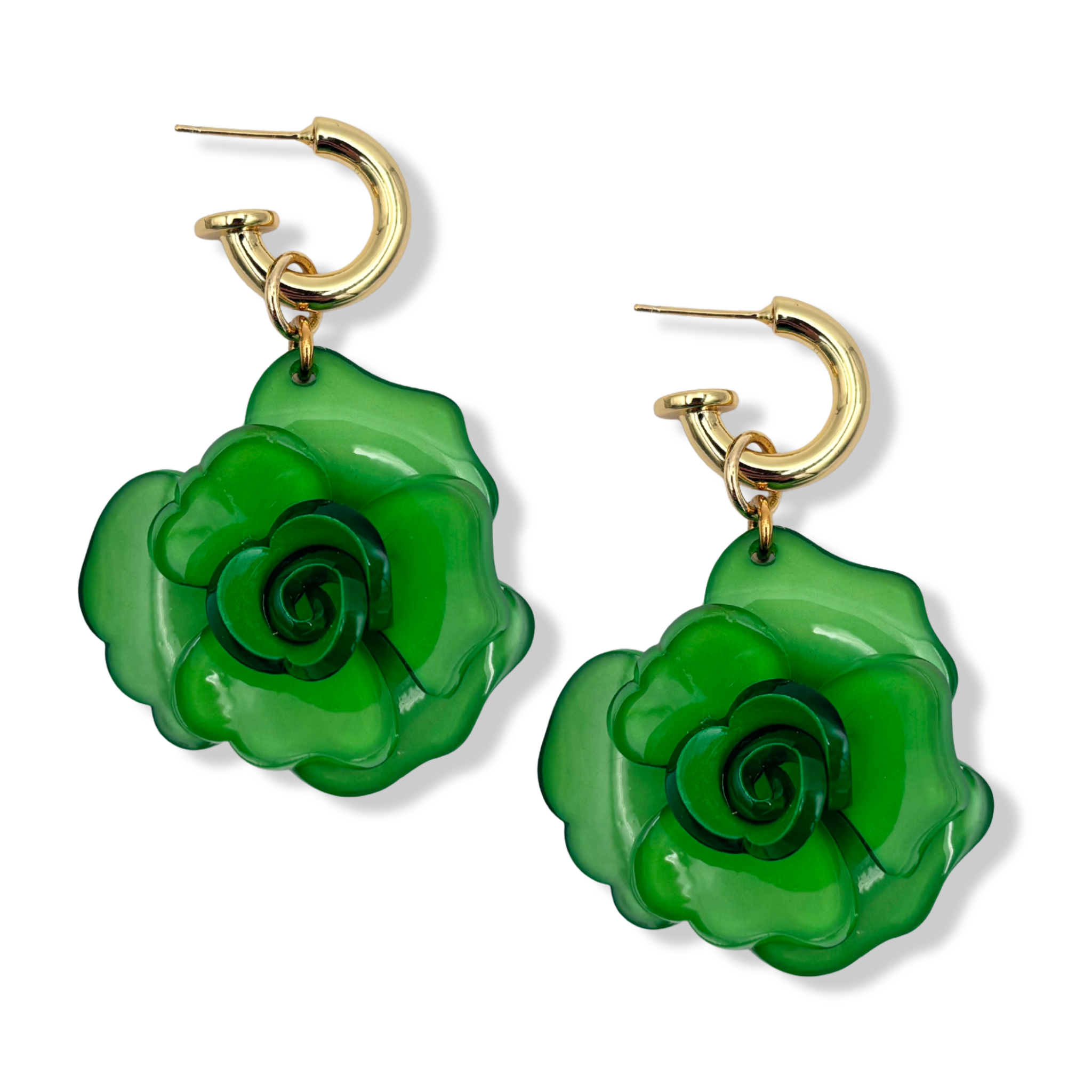 Green resin rose flower drop earrings with gold hoop by HOLST+LEE