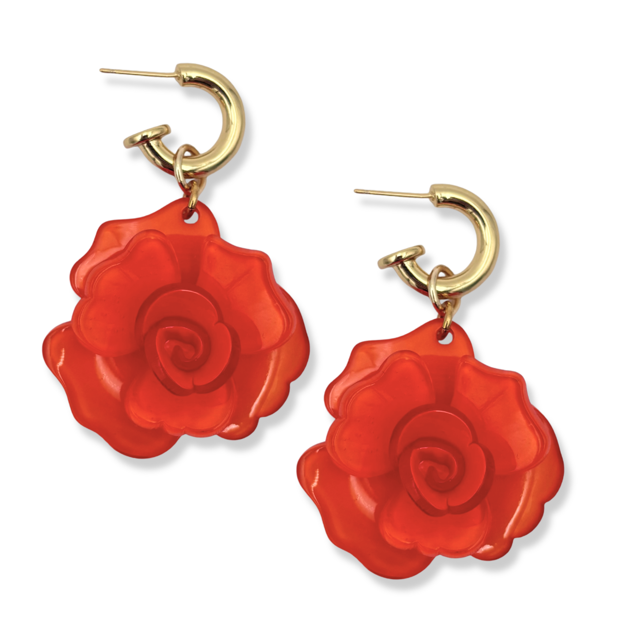 Orange resin rose flower drop earrings with gold hoop by HOLST+LEE