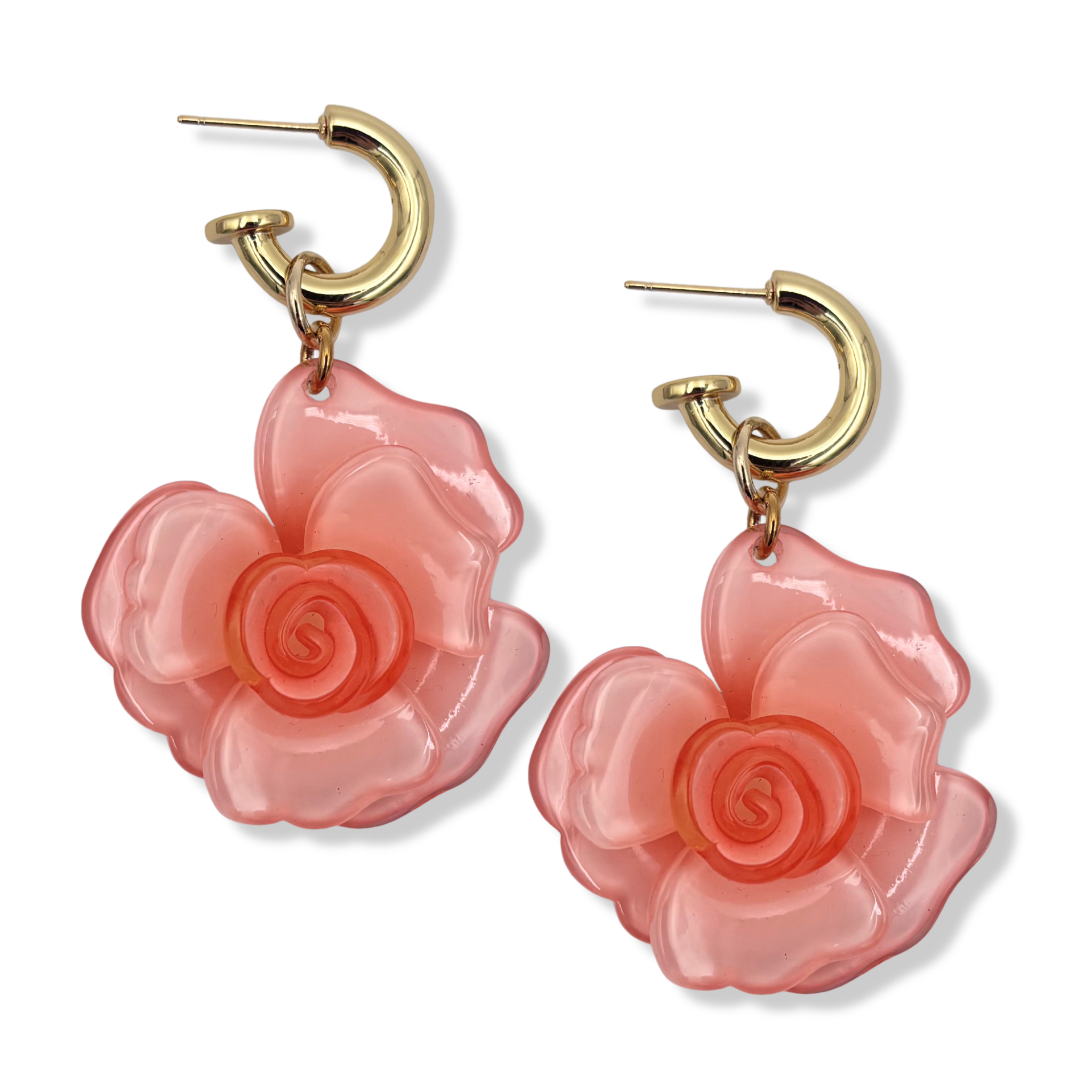 Pink resin rose flower drop earrings with gold hoop by HOLST+LEE