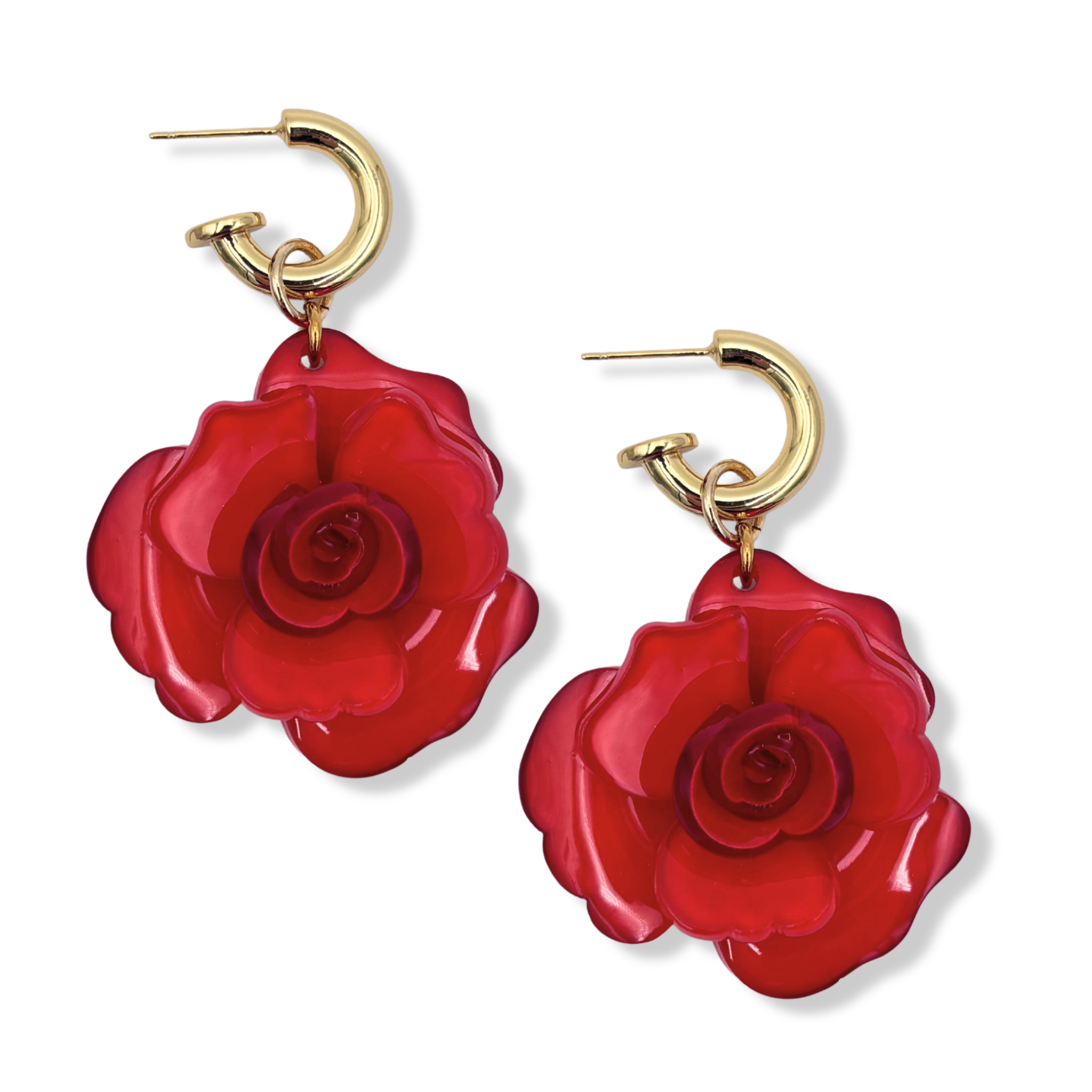 Red resin rose flower drop earrings with gold hoop by HOLST+LEE