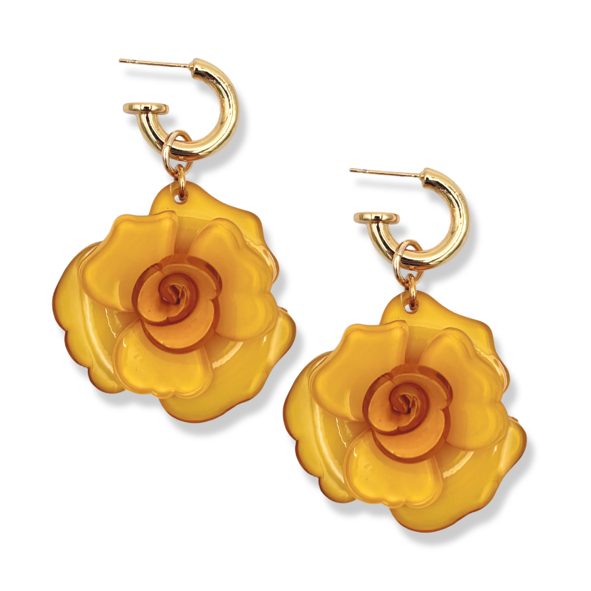 Yellow resin rose flower drop earrings with gold hoop by HOLST+LEE