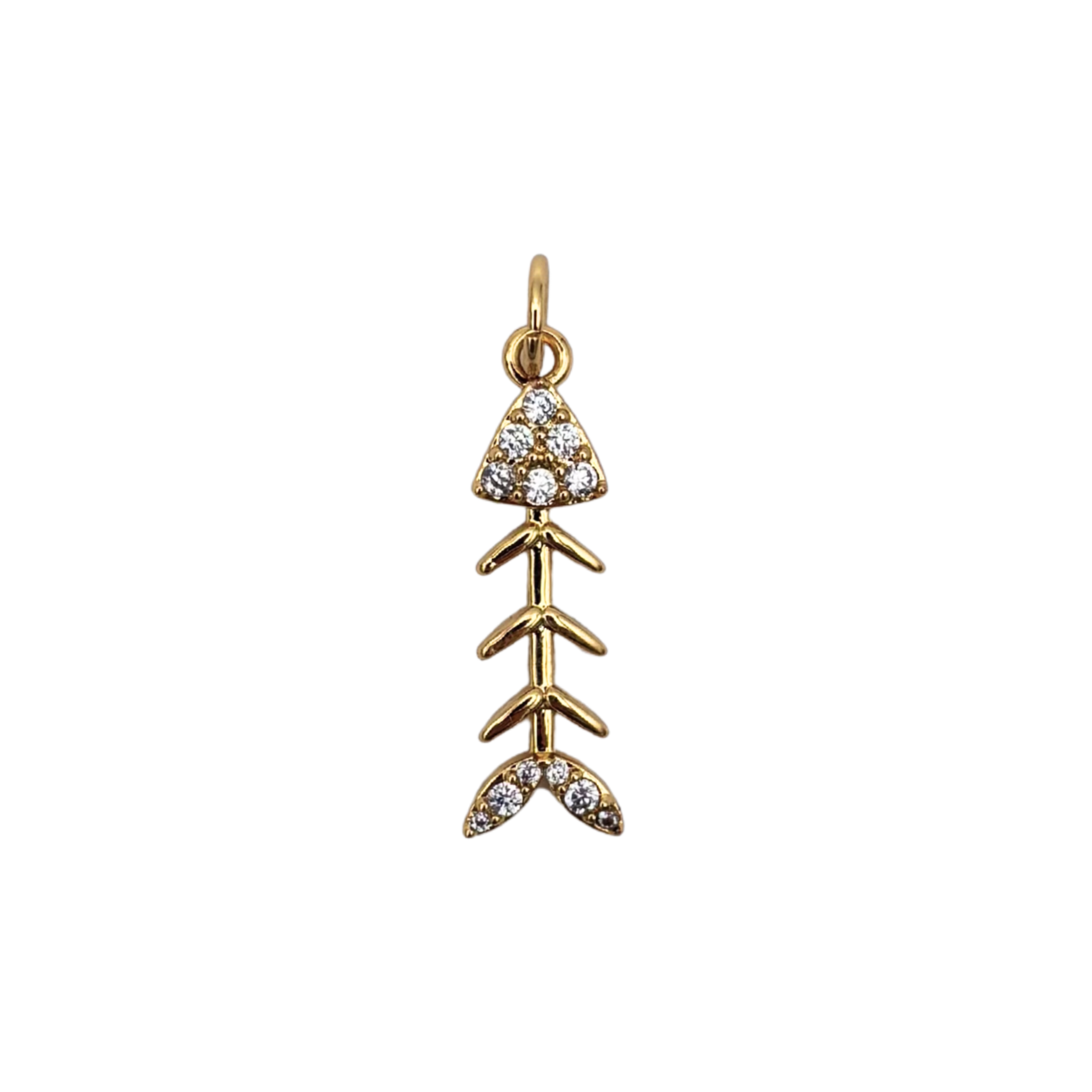 Gold fish bone charm with pavé rhinestone head and tail detail by HOLST+LEE