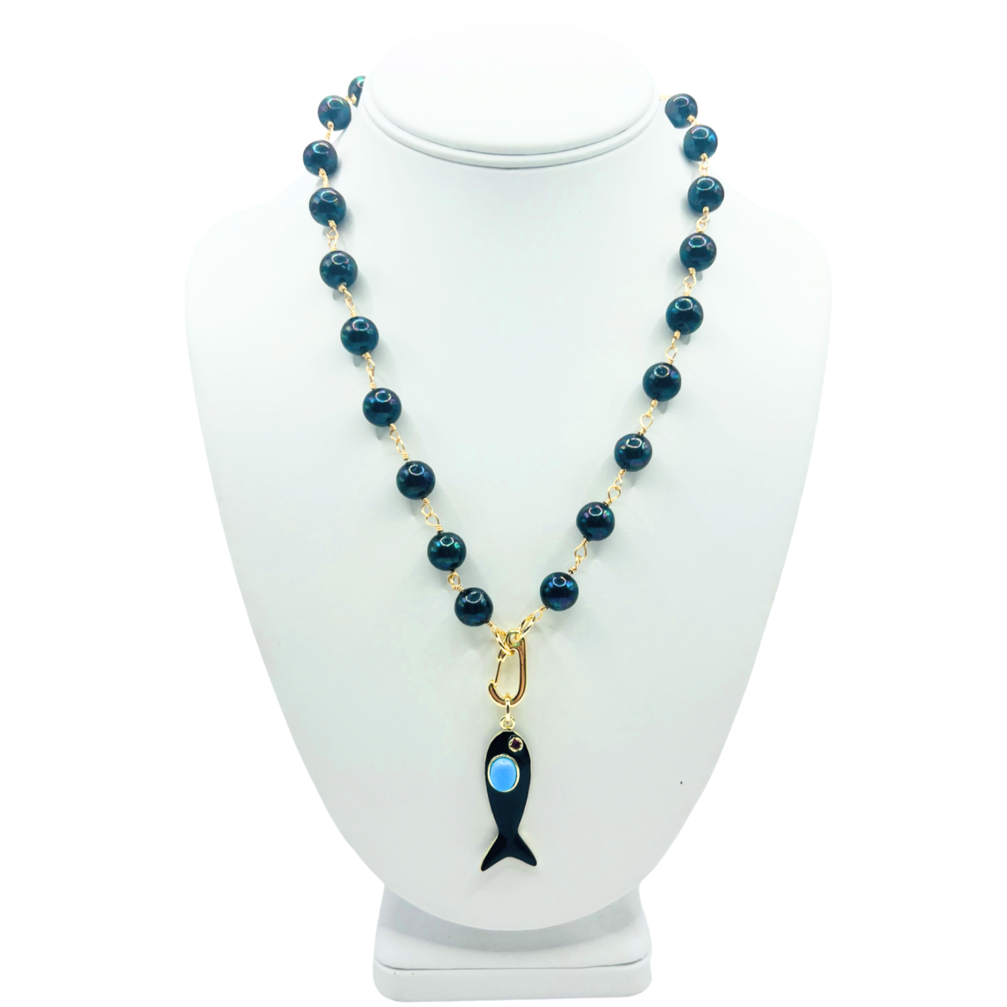 Midnight blue faux pearl necklace with black enamel fish pendant by HOLST+LEE