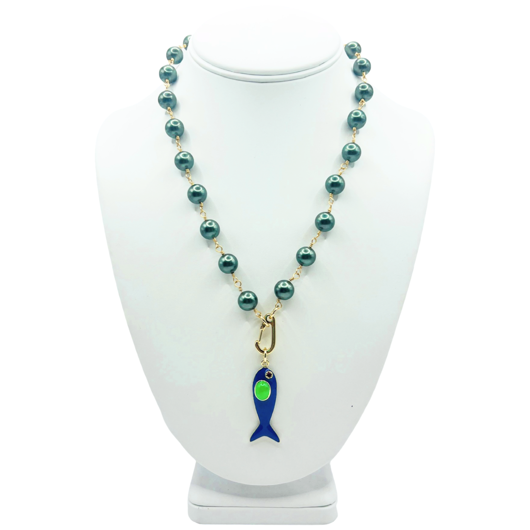 Pine faux pearl necklace with blue enamel fish pendant by HOLST+LEE