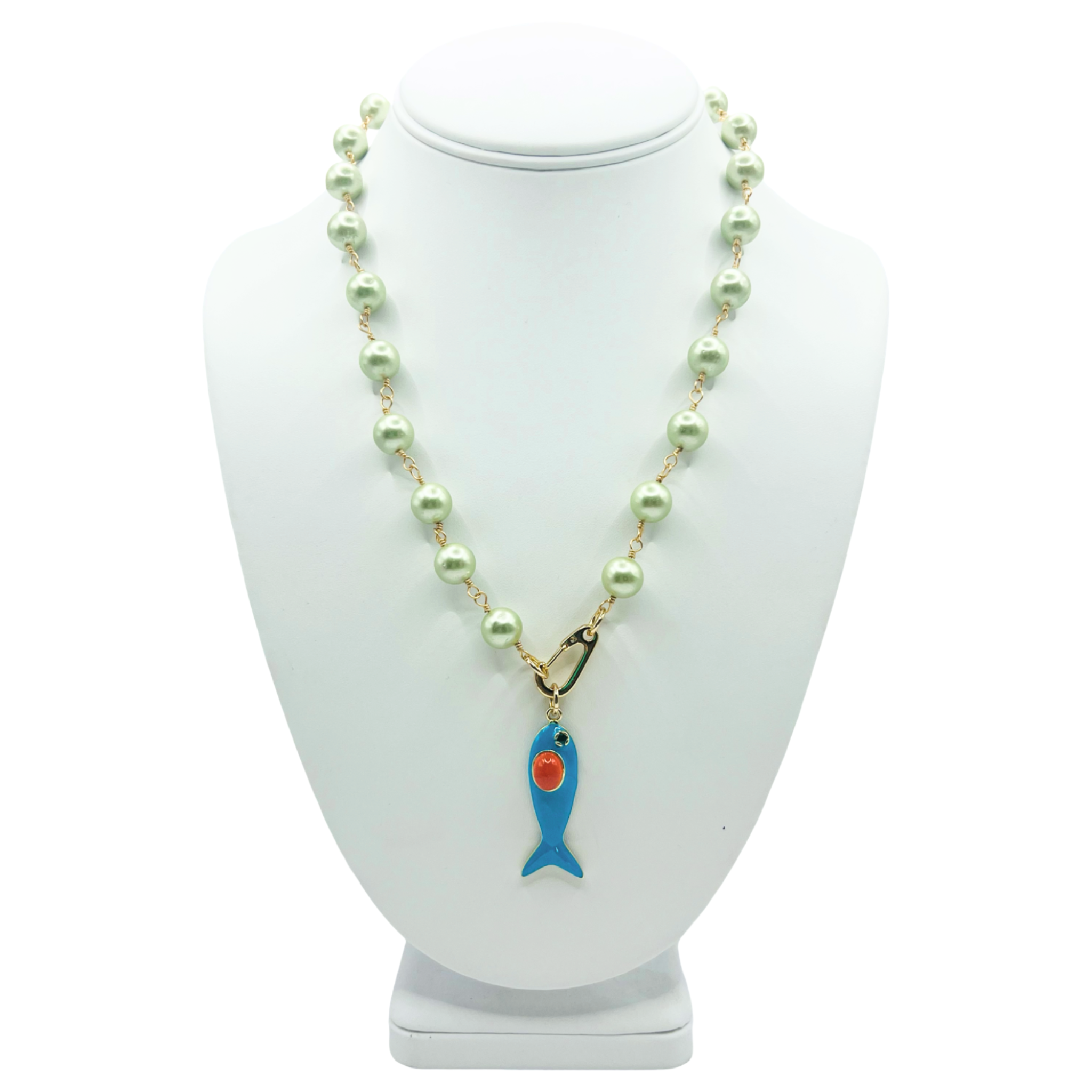 Sage blue faux pearl necklace with blue enamel fish pendant by HOLST+LEE