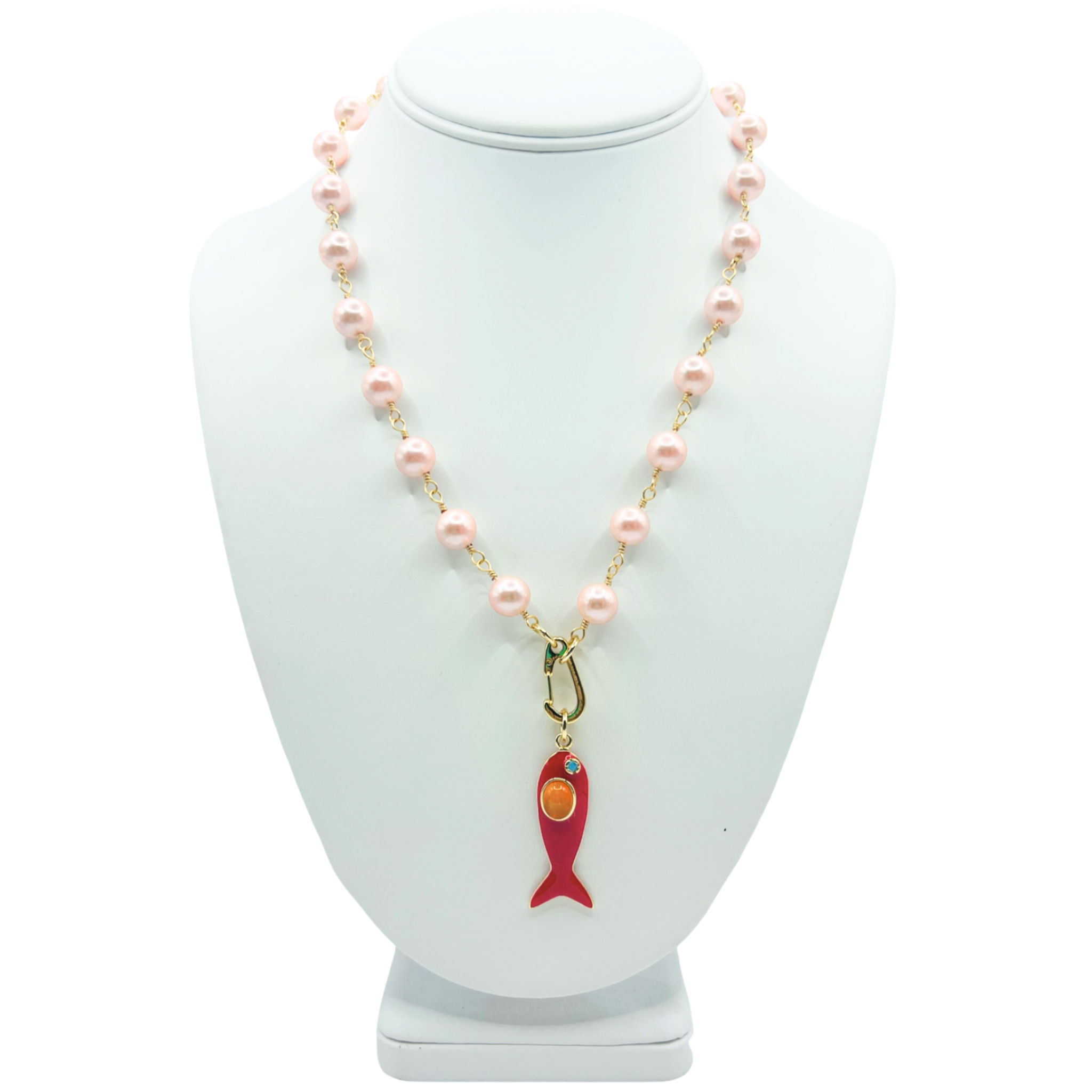 Soft Pink faux pearl necklace with red enamel fish pendant by HOLST+LEE