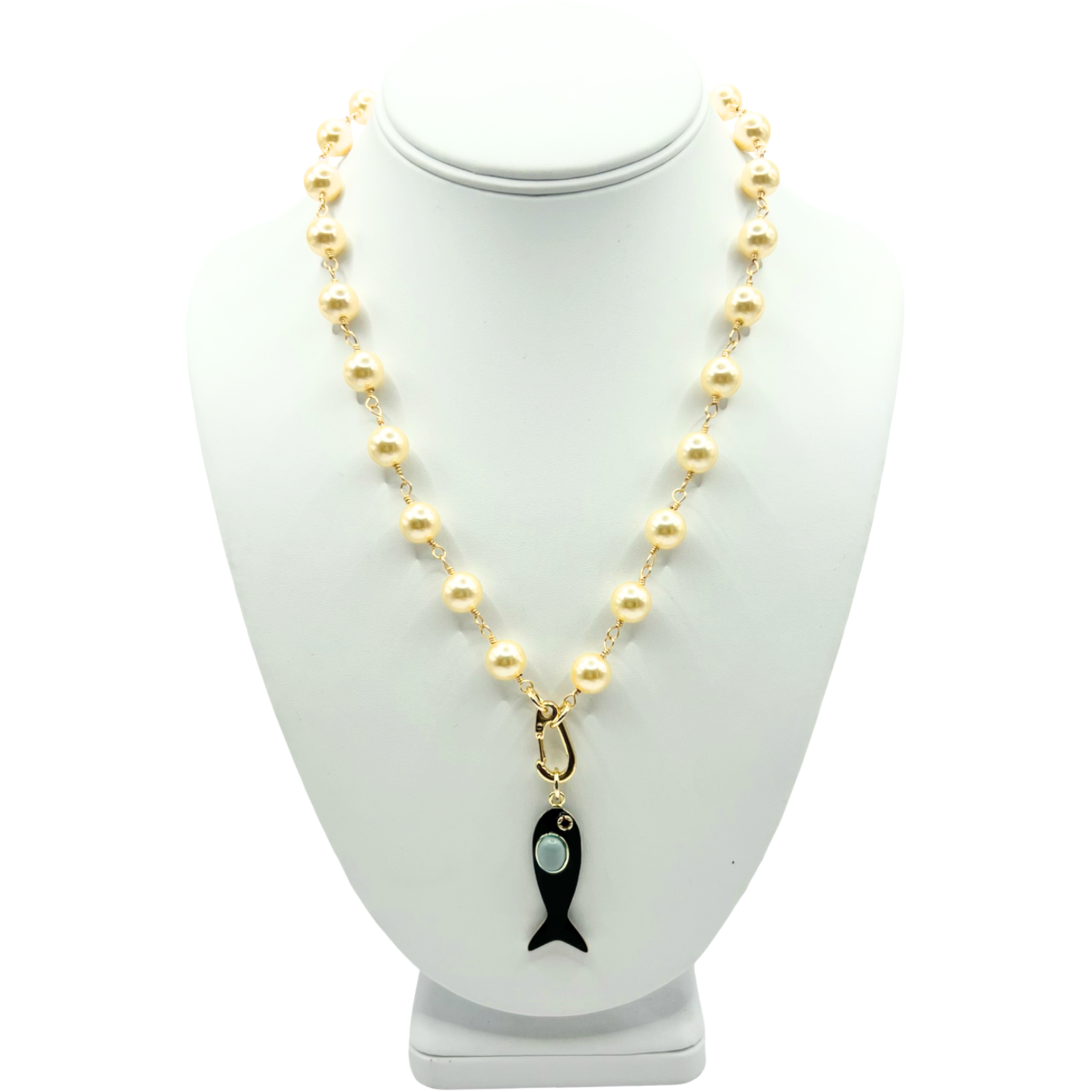 Champagne faux pearl necklace with black enamel fish pendant by HOLST+LEE