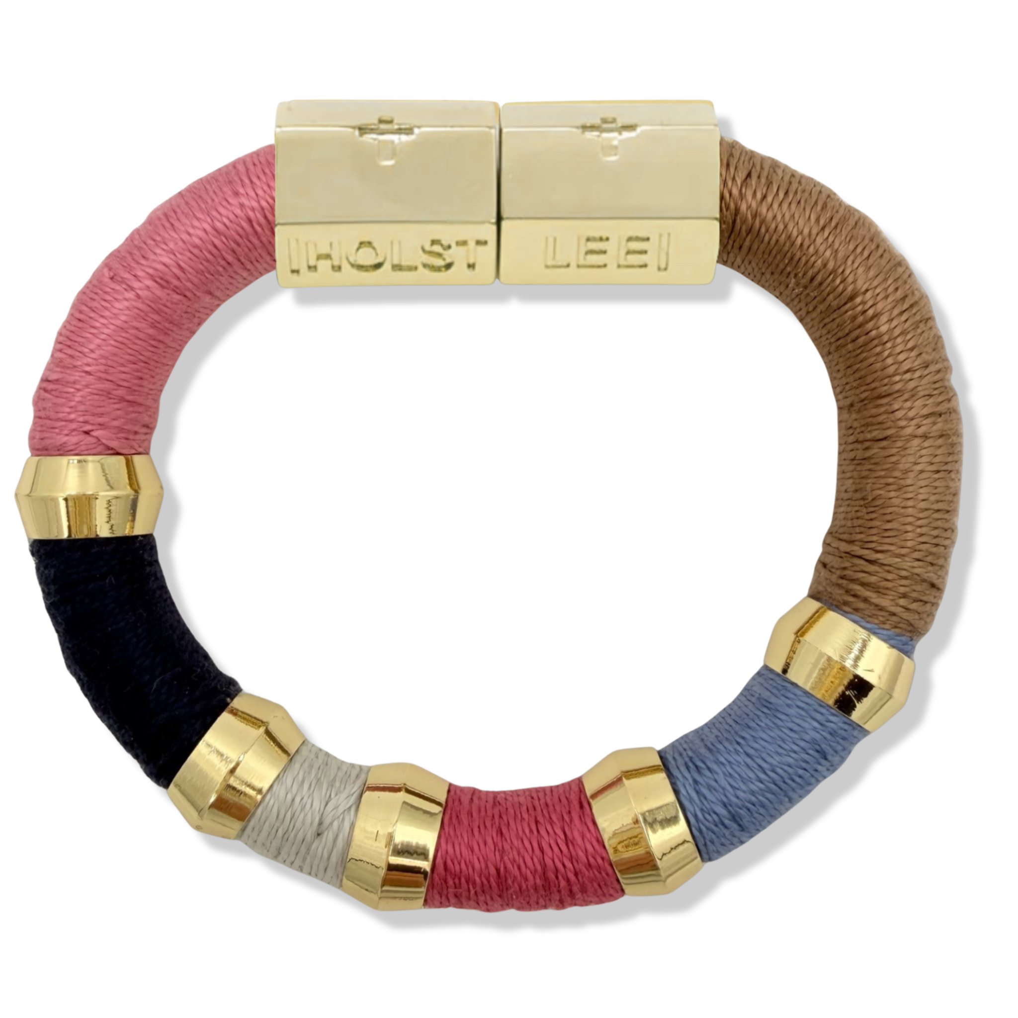 Pink, taupe, black, purple thread wrapped bracelet with gold magnetic clasped bracelet and gold ferrules by HOLST+LEE 