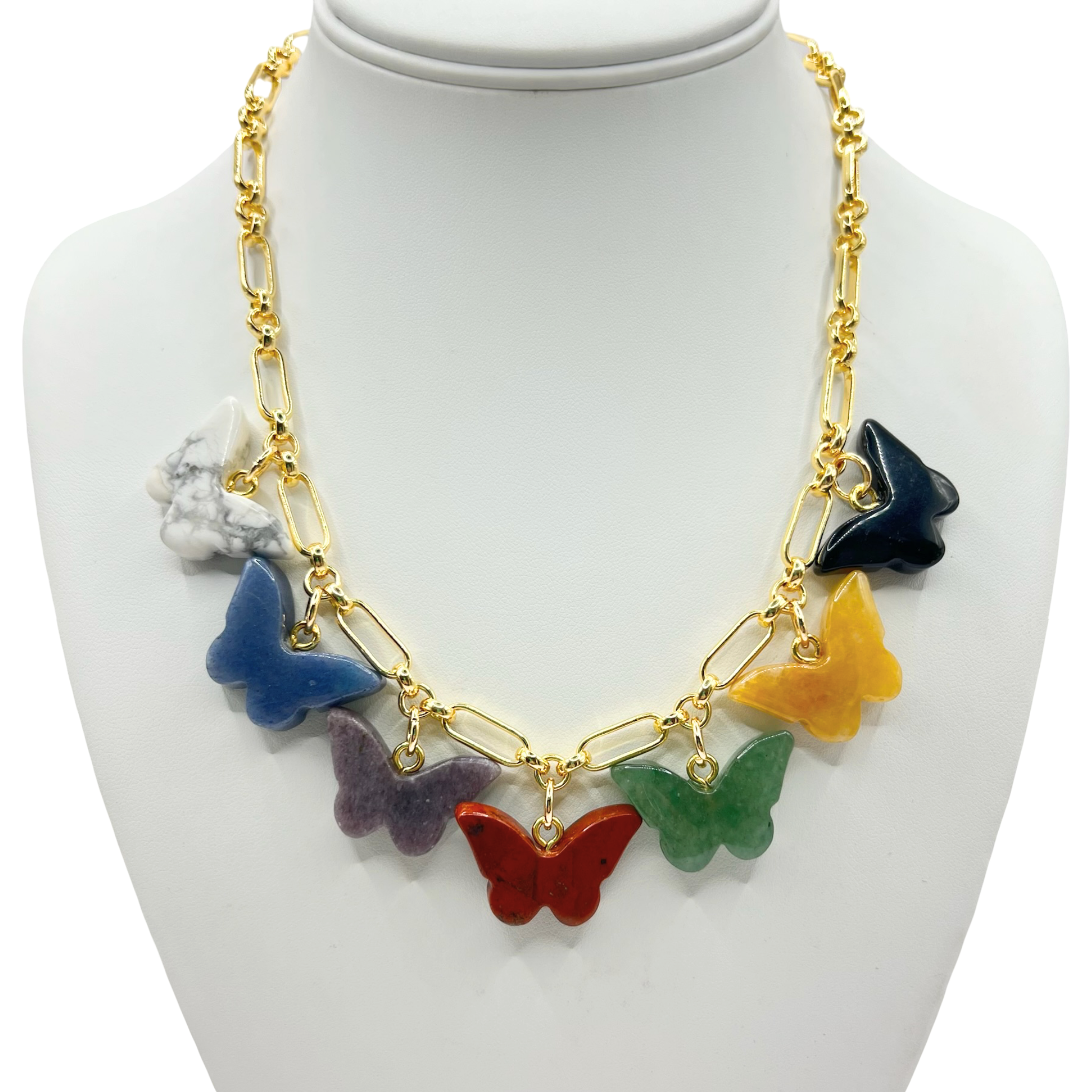 Gold thick link chain necklace with multicolor semi-precious gemstone butterfly charm pendants by HOLST+LEE