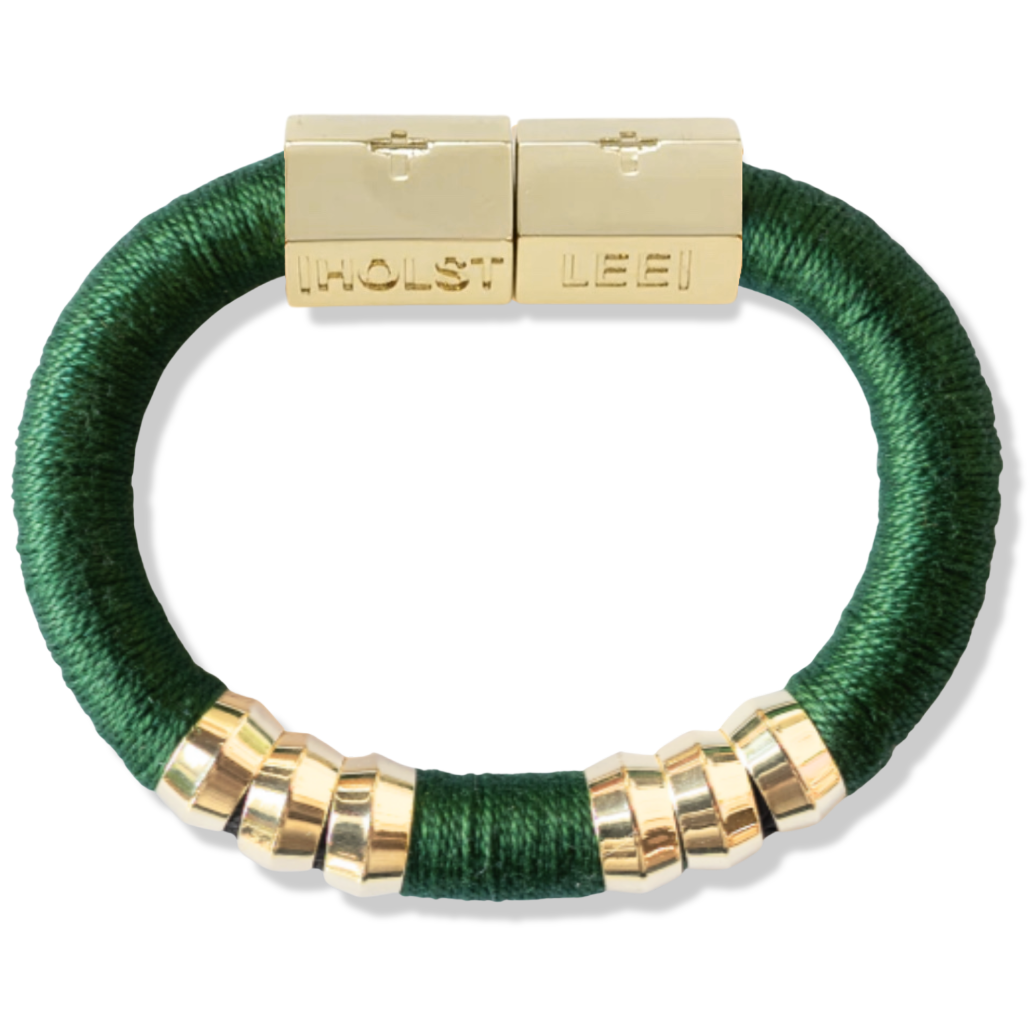 Forest green thread wrapped bracelet with 18K gold-filled magnetic clasped bracelet and gold ferrule accents by HOLST+LEE