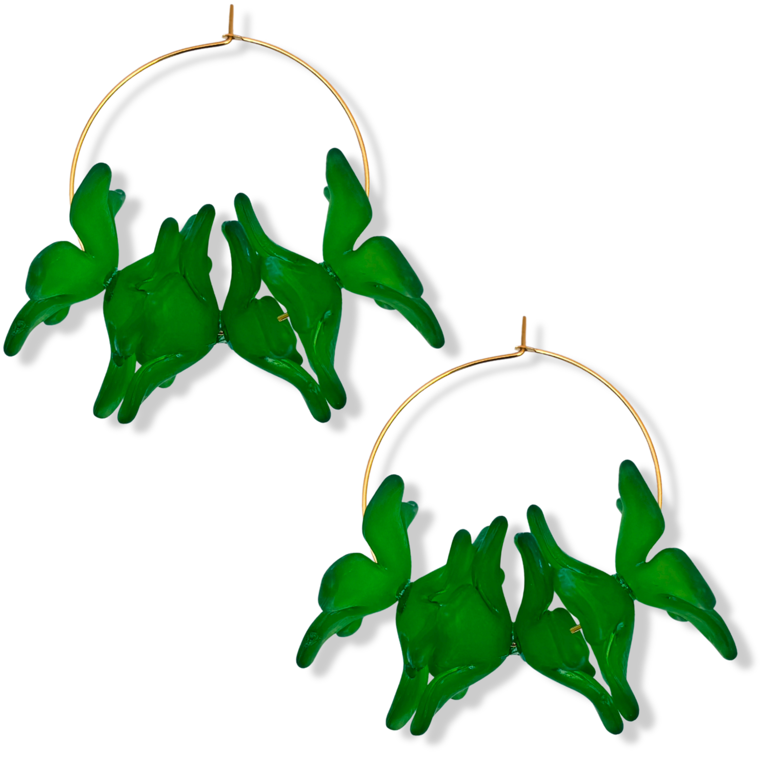 Green resin floral cluster hoop earrings with translucent green orchid-style blooms on a thin gold hoop by HOLST+LEE
