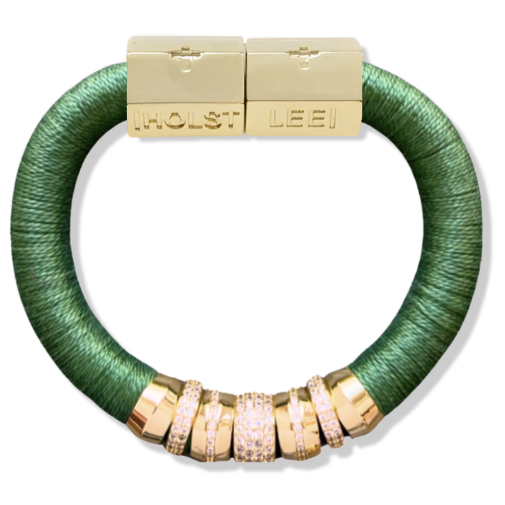 Forest green thread wrapped bracelet with 18K gold-filled magnetic clasped bracelet and pavé crystal ferrule stack by HOLST+LEE