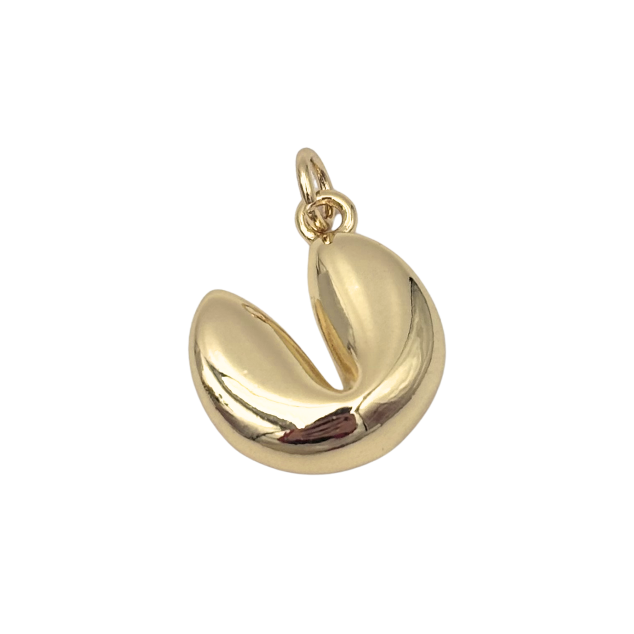 Polished gold fortune cookie charm pendant with smooth domed surface and split opening detail by HOLST+LEE