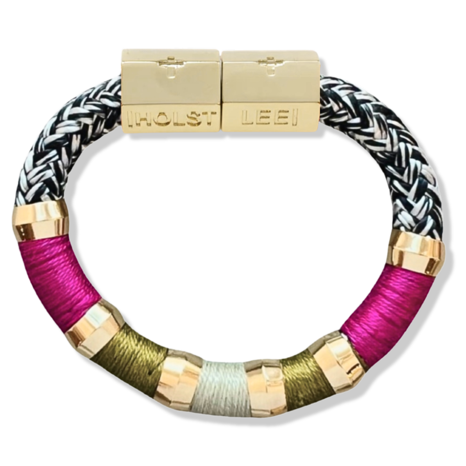 Fuchsia, cream, green, black, and white colorblock thread wrapped bracelet with gold magnetic clasped bracelet and gold ferrules by HOLST+LEE