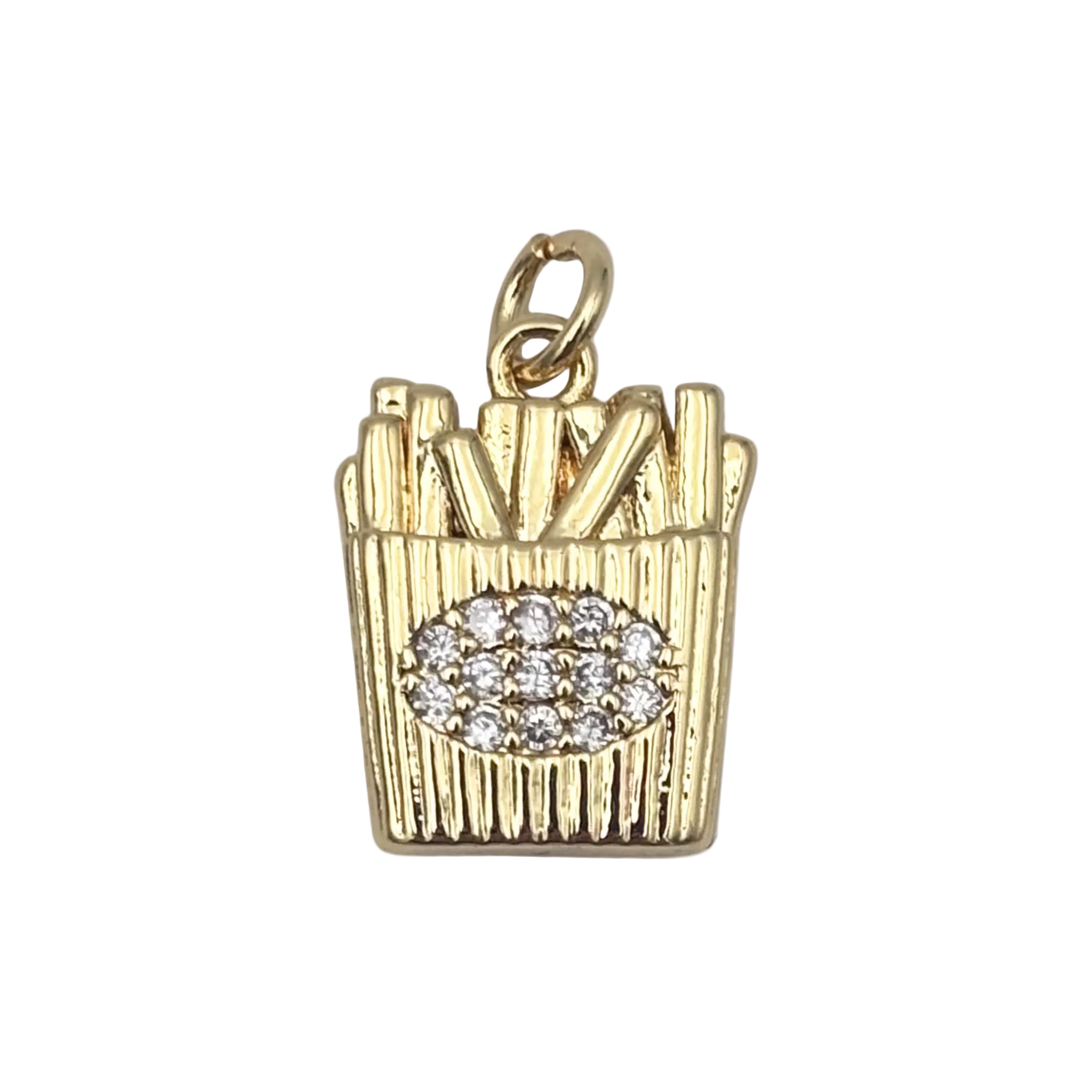 Gold french fries charm with pave rhinestone cluster and ribbed carton detail by HOLST+LEE