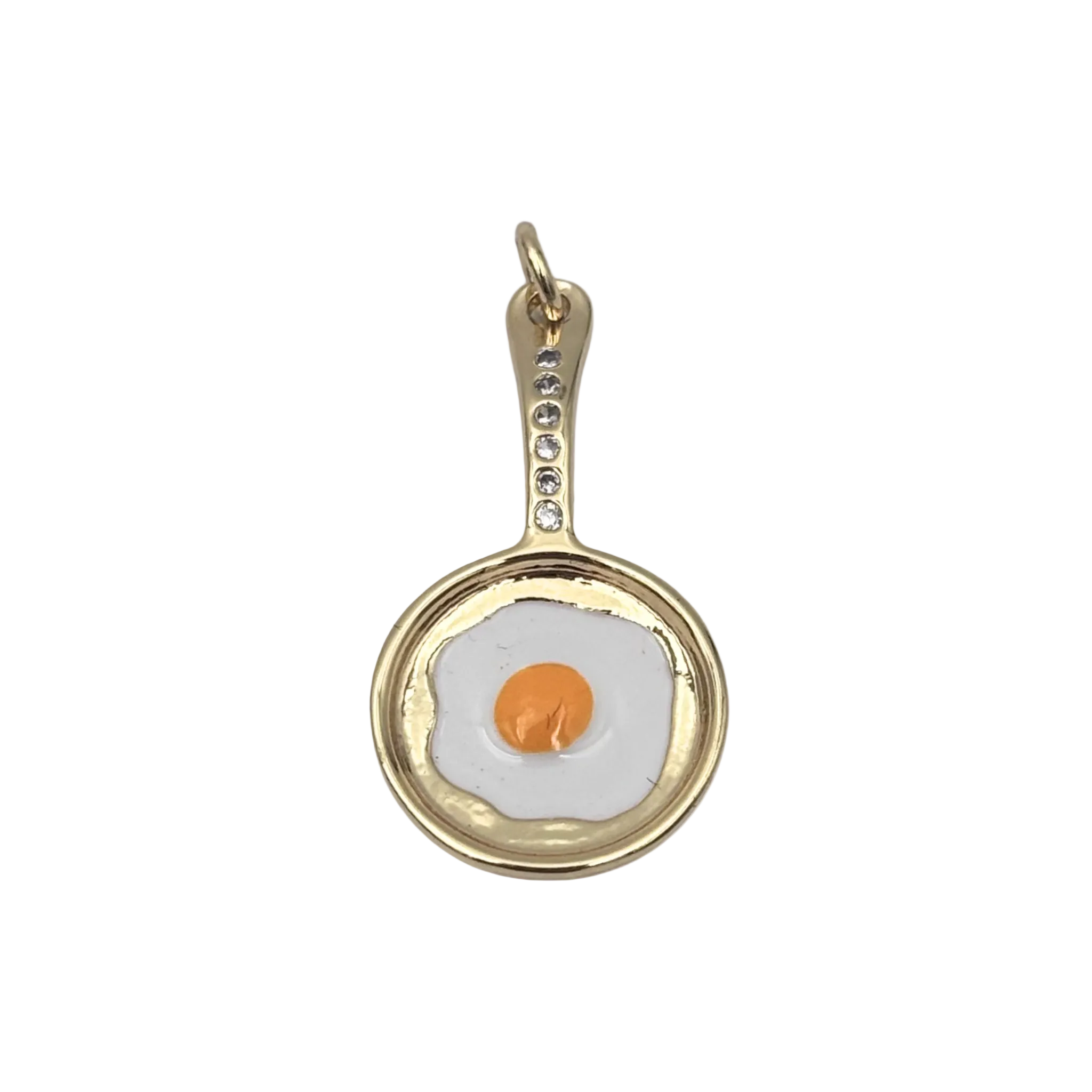 Gold frying pan charm with fried egg enamel detail and rhinestone studded handle by HOLST+LEE