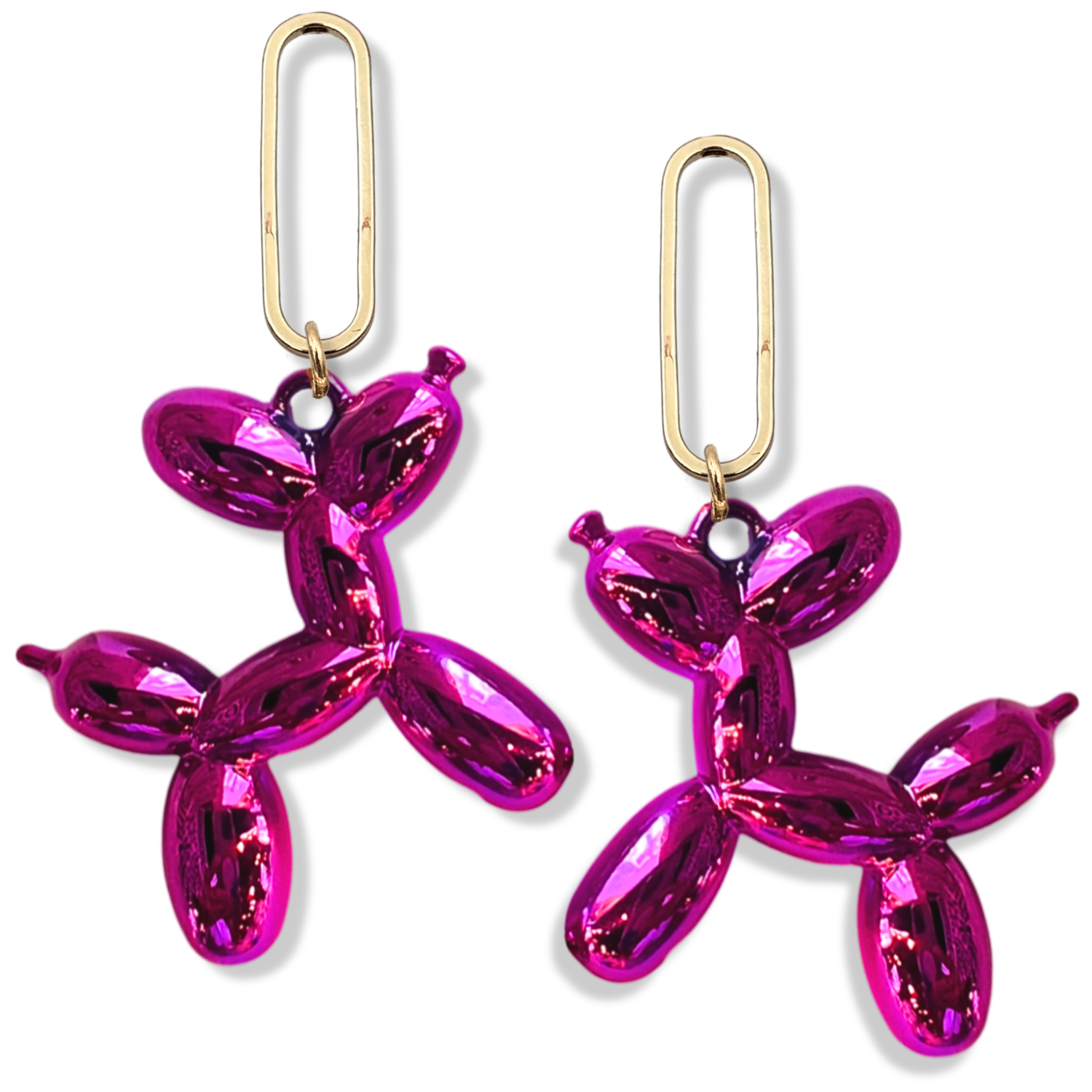 Metallic fuchsia balloon dog dangle earrings with gold paperclip oval link connector and high-shine chrome finish by HOLST+LEE