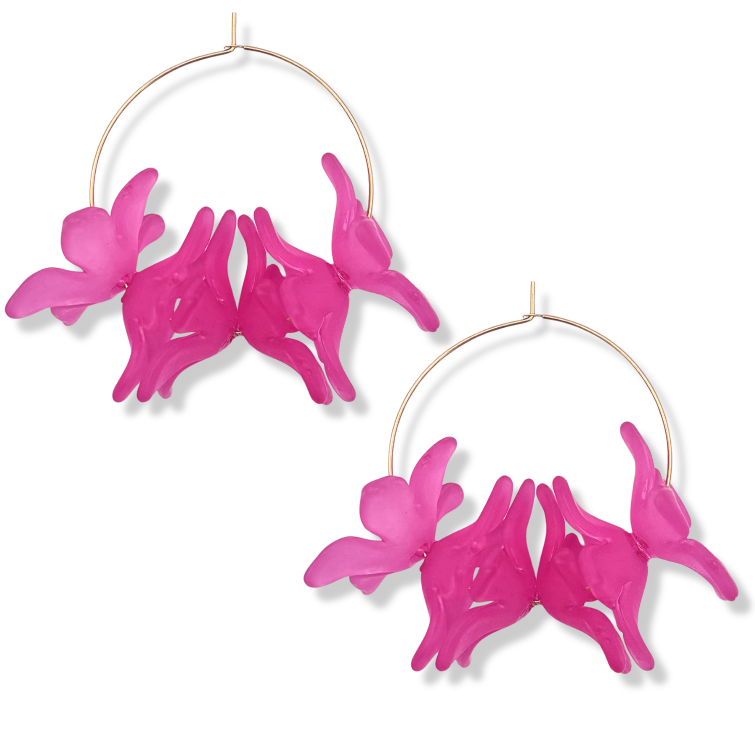 Fuchsia resin floral cluster hoop earrings with translucent hot pink orchid-style blooms on a thin gold hoop by HOLST+LEE