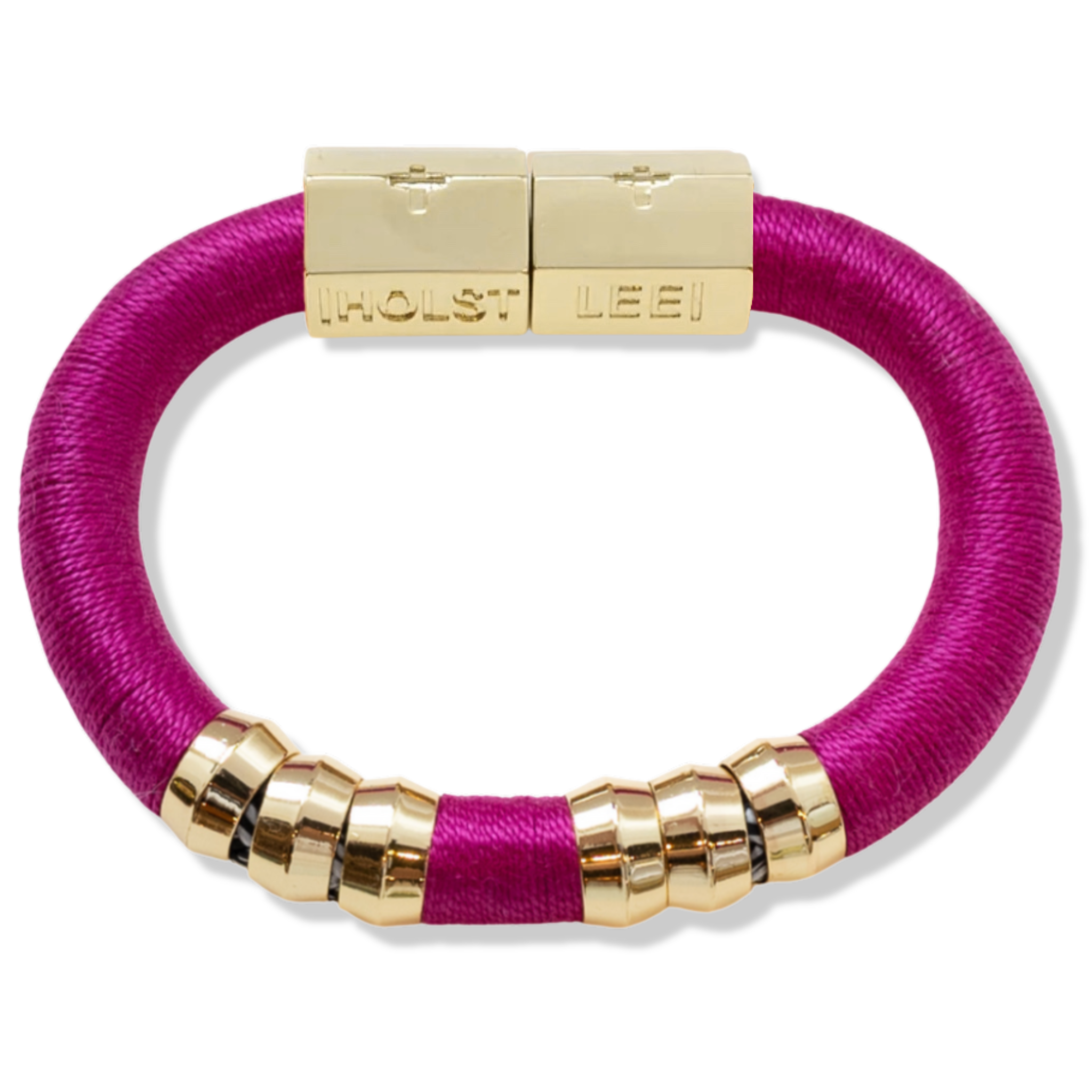 Fushia Pink thread wrapped bracelet with 18K gold-filled magnetic clasped bracelet and gold ferrule accents by HOLST+LEE
