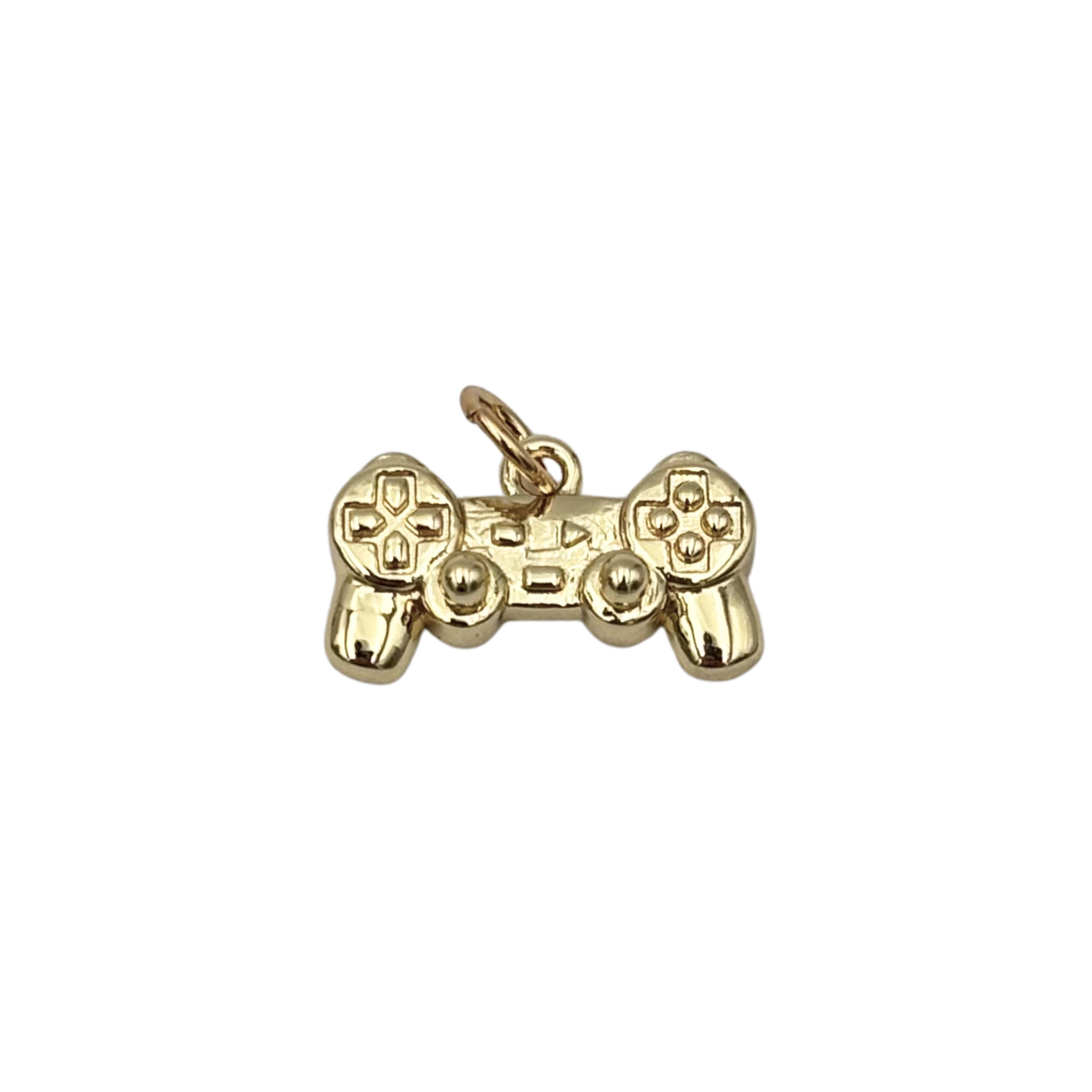 Gold video game controller charm with engraved d-pad, analog sticks, and face buttons by HOLST+LEE