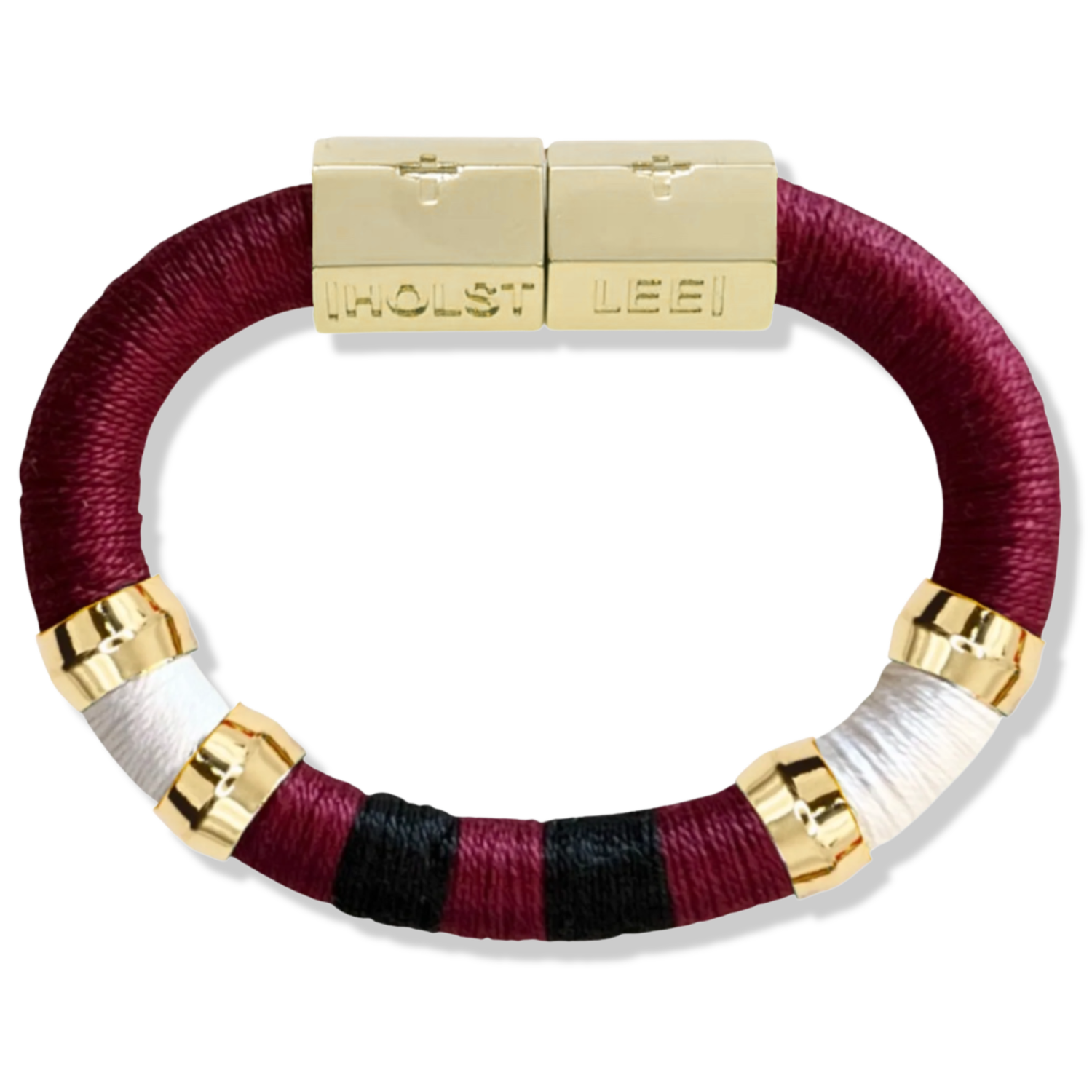 Garnet, black, and white colorblock thread wrapped bracelet with 18K gold-filled magnetic clasped bracelet and gold ferrule accents by HOLST+LEE
