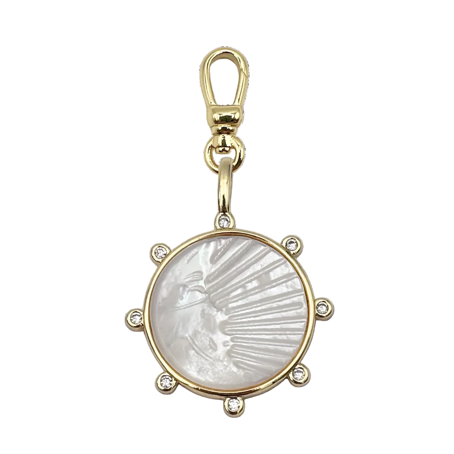 Circular mother-of-pearl moon face charm in a gold bezel setting with six diamond accents, with a charm clip by HOLST+LEE
