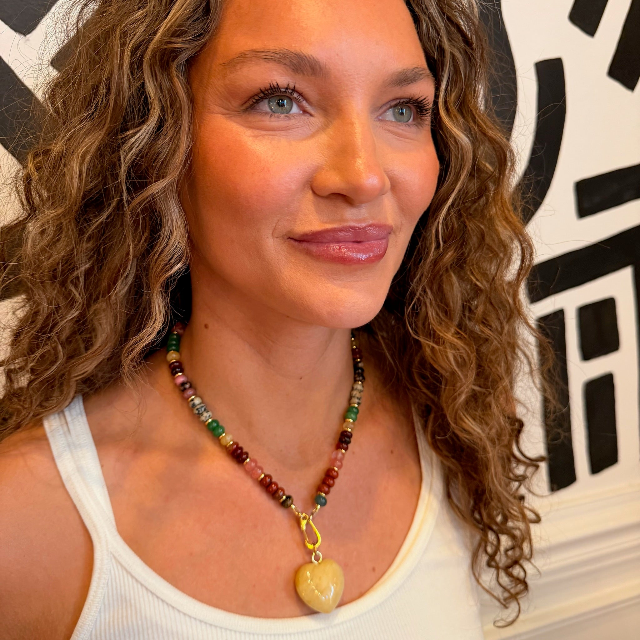 Gem Necklace with Heart - Riverstone - on model