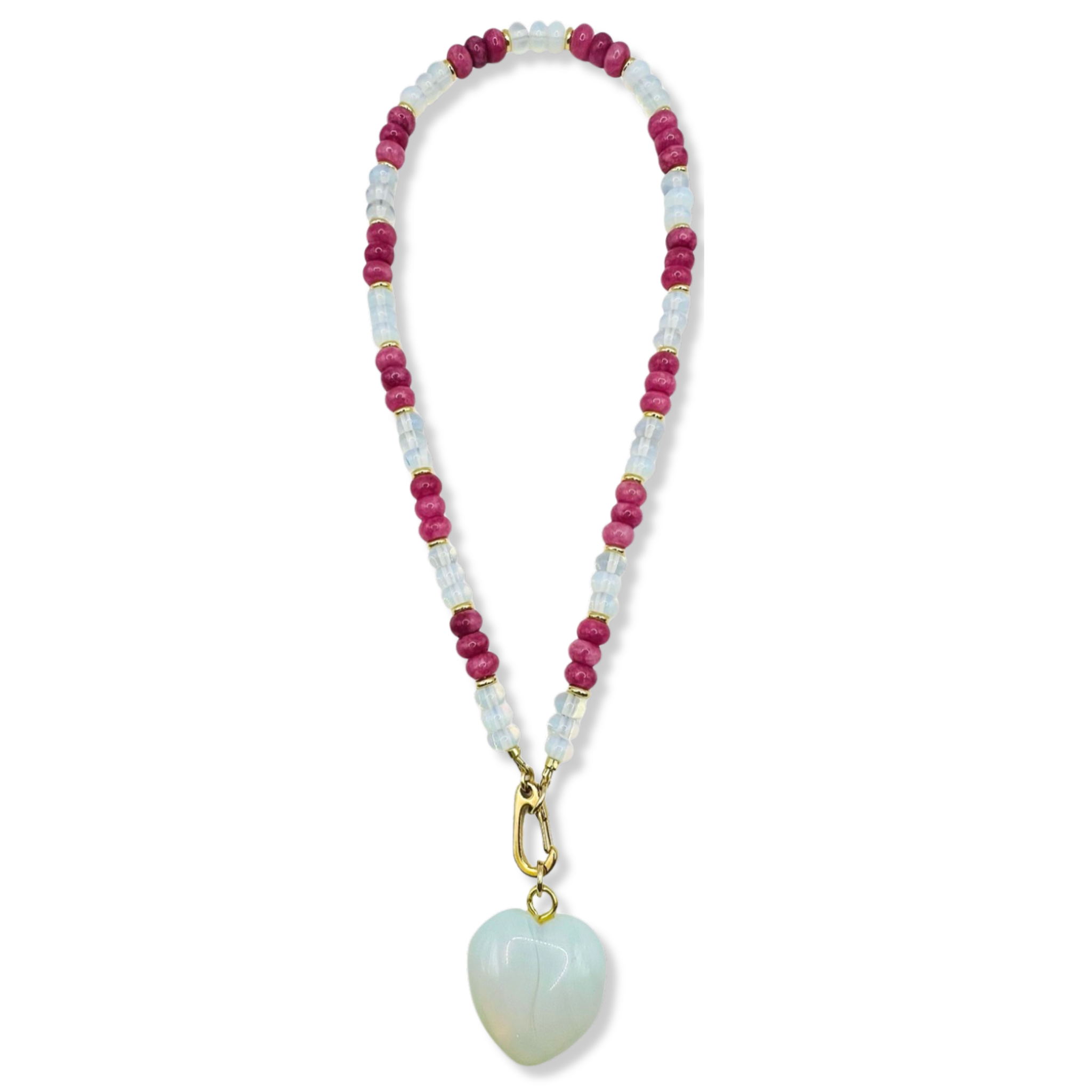 Pink and clear gemstone beaded necklace with gold accents and semi-precious heart pendant by HOLST+LEE