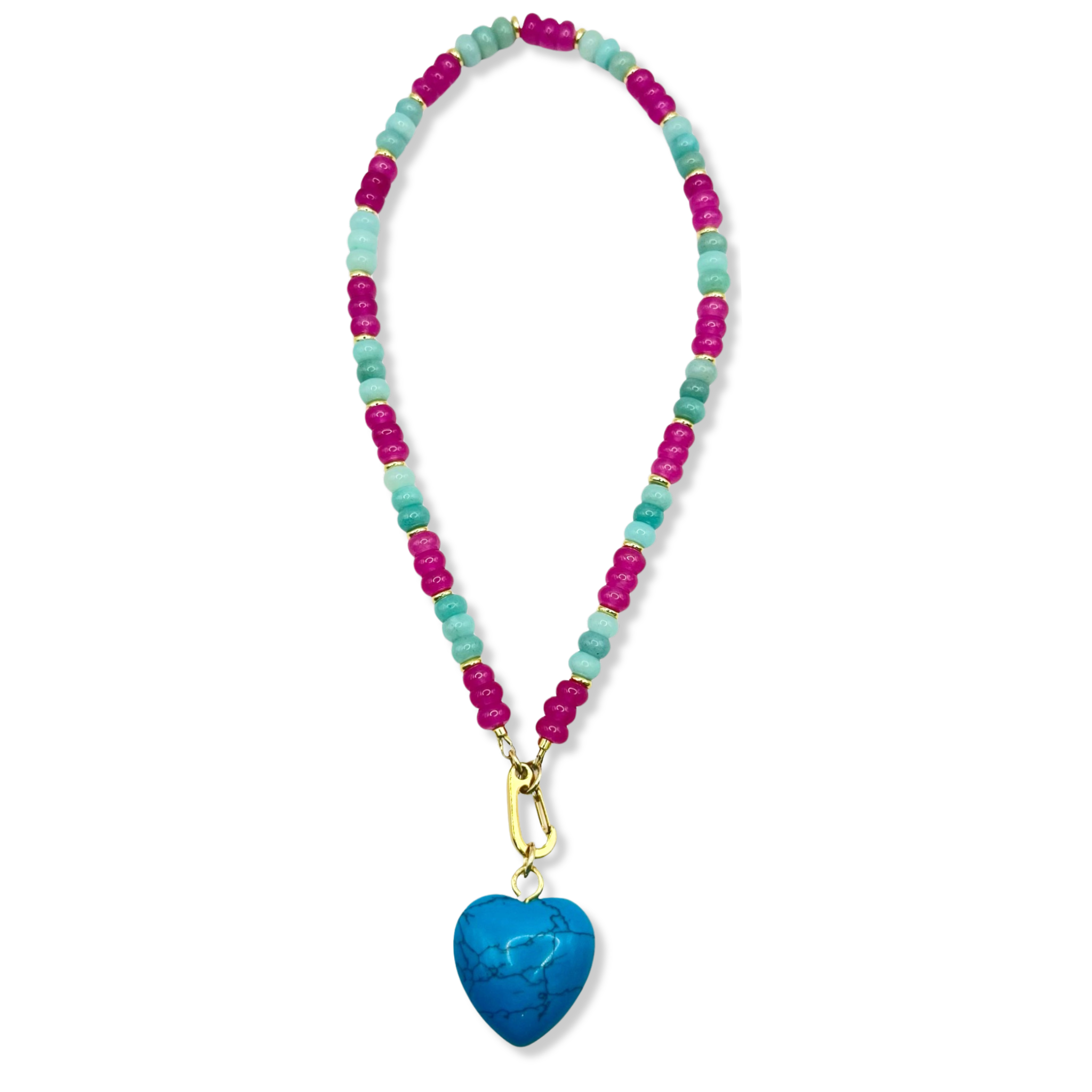 Blue and pink gemstone beaded necklace with gold accents and semi-precious heart pendant by HOLST+LEE