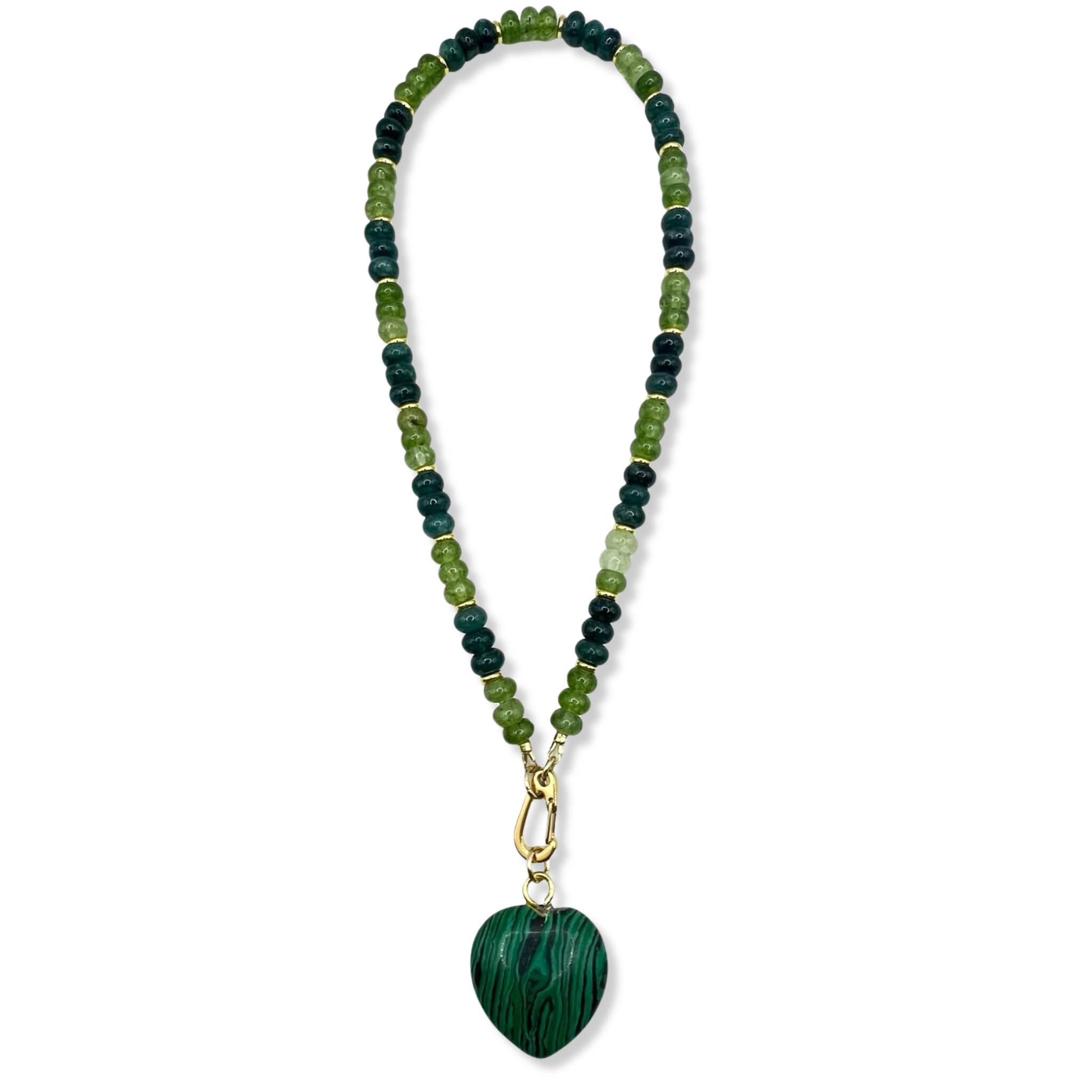 Green gemstone beaded necklace with gold accents and semi-precious heart pendant by HOLST+LEE