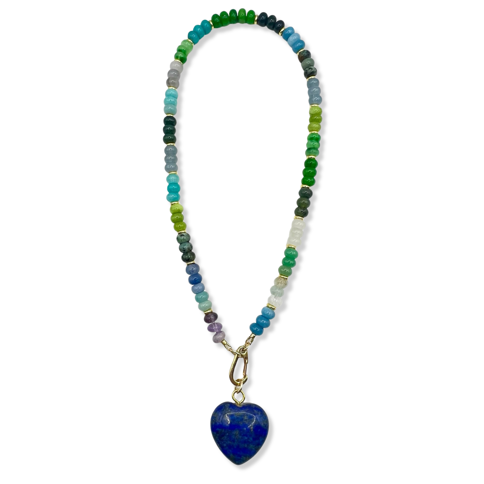 Blue and green gemstone beaded necklace with gold accents and semi-precious heart pendant by HOLST+LEE