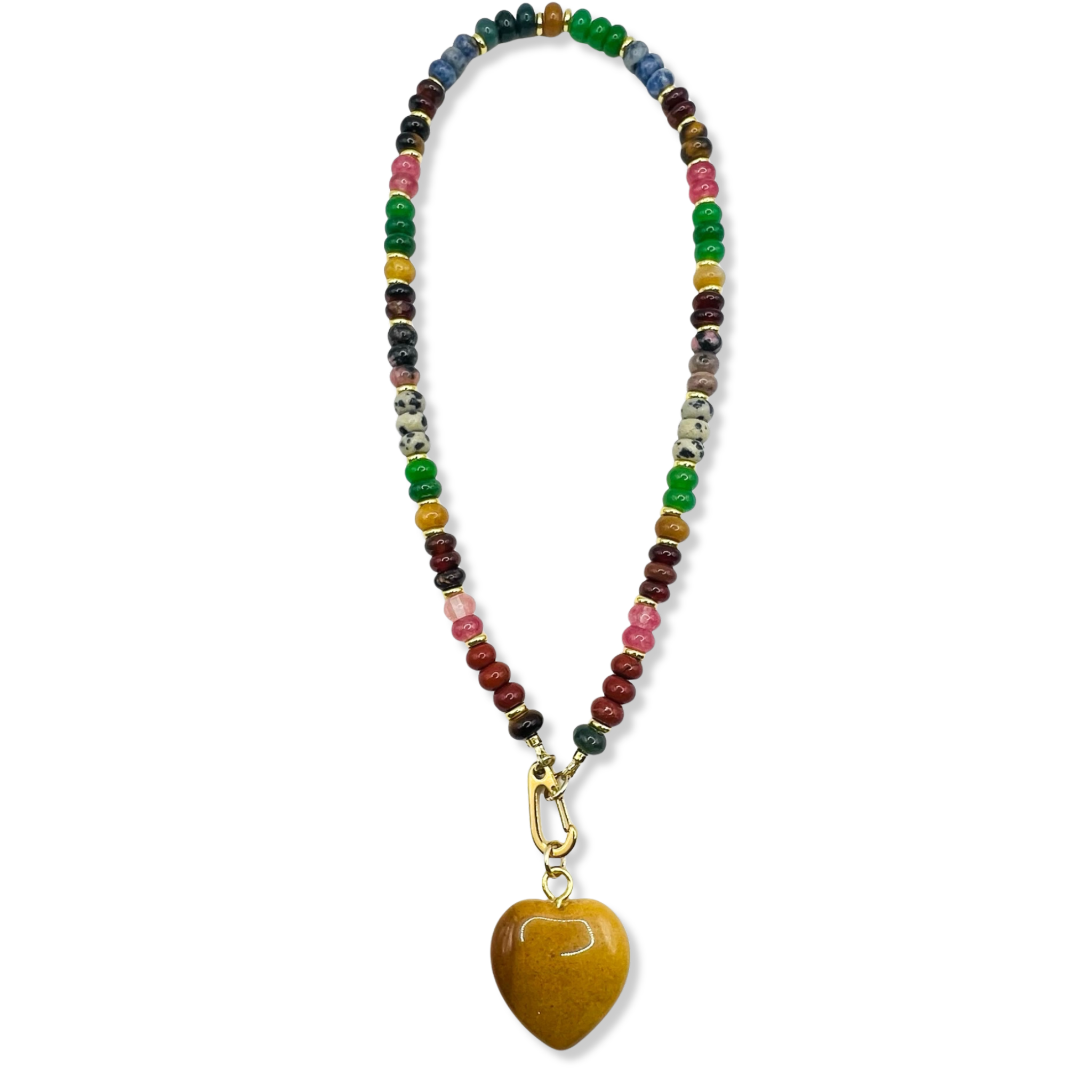 Multicolor gemstone beaded necklace with gold accents and semi-precious heart pendant by HOLST+LEE