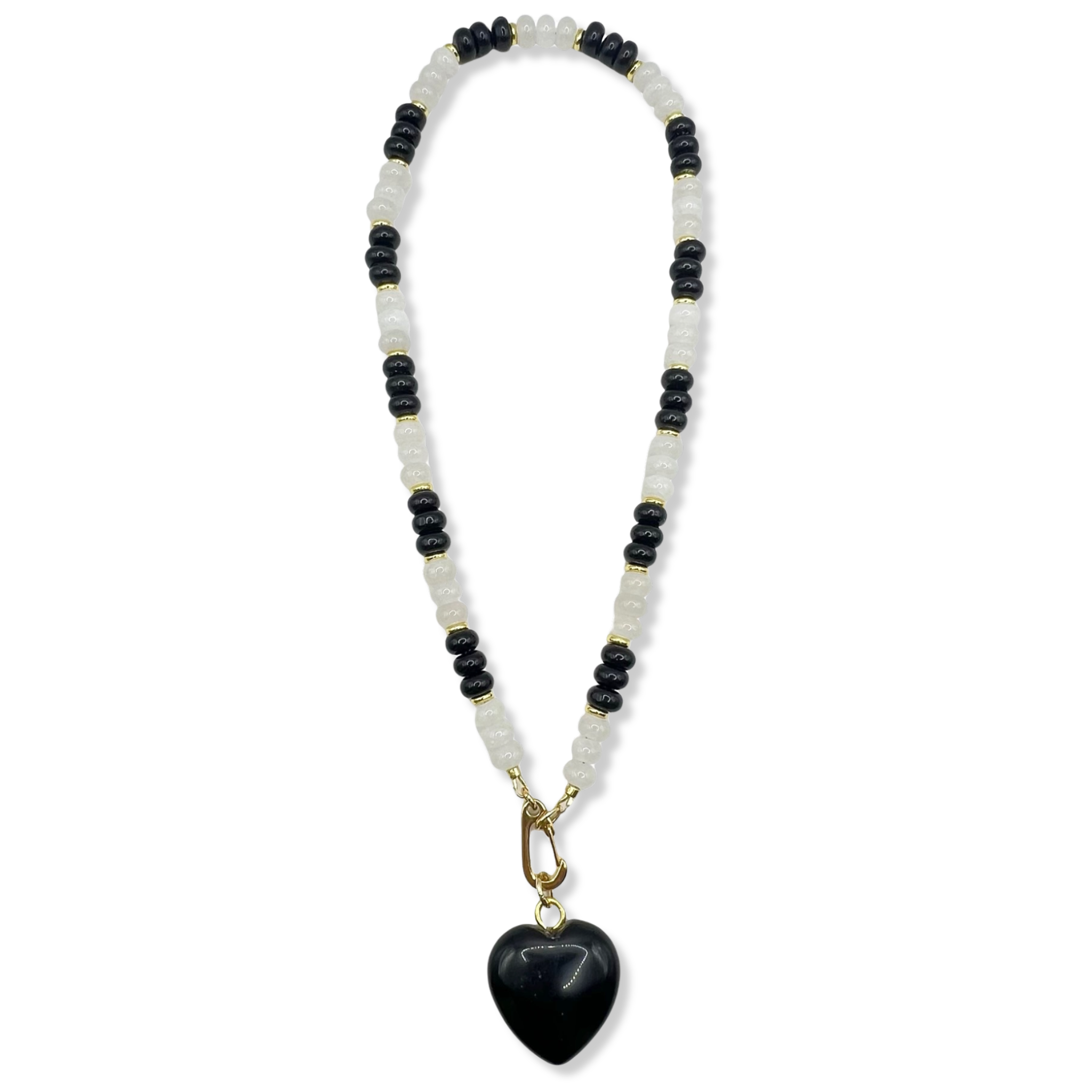 Black and clear gemstone beaded necklace with gold accents and semi-precious heart pendant by HOLST+LEE
