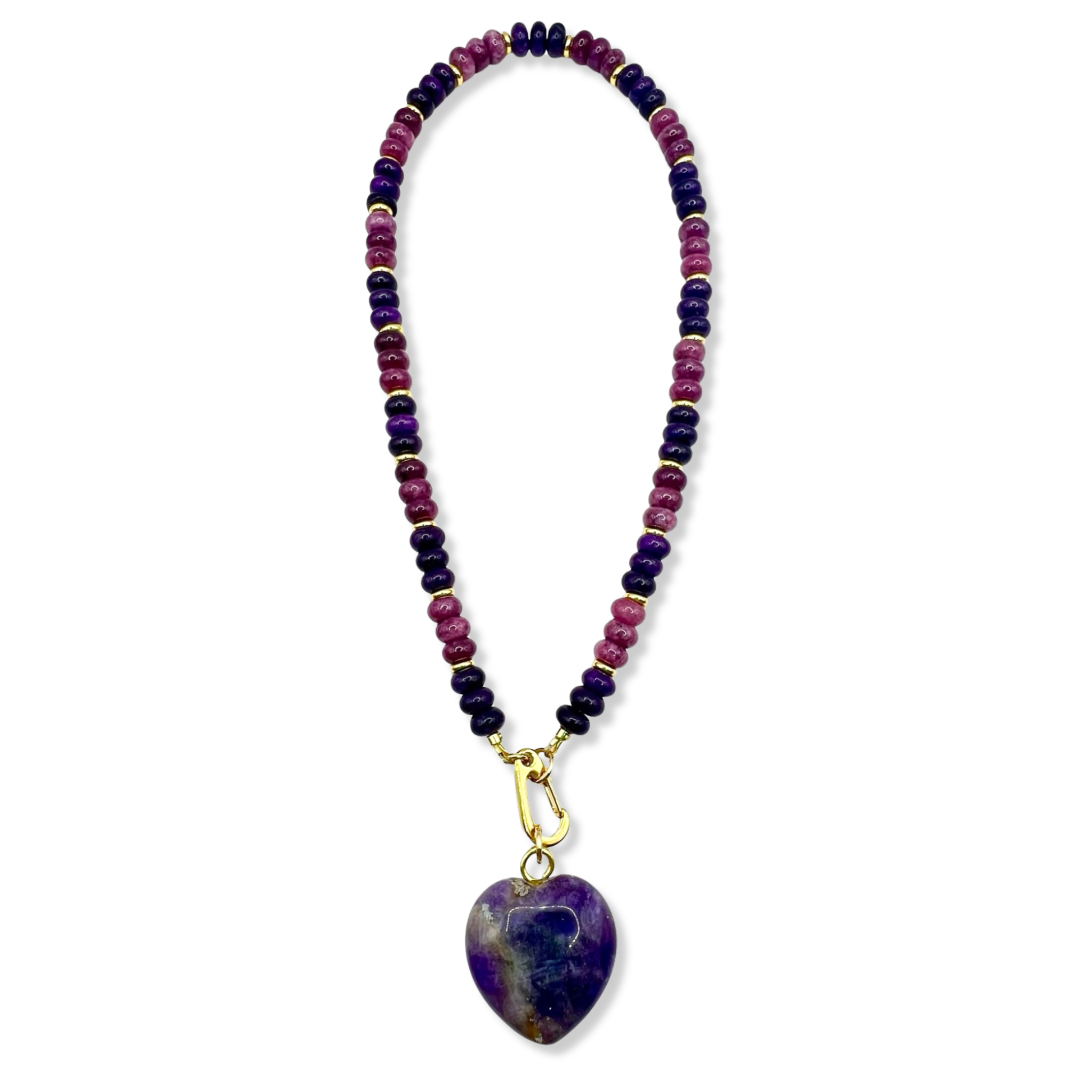 Purple gemstone beaded necklace with gold accents and semi-precious heart pendant by HOLST+LEE