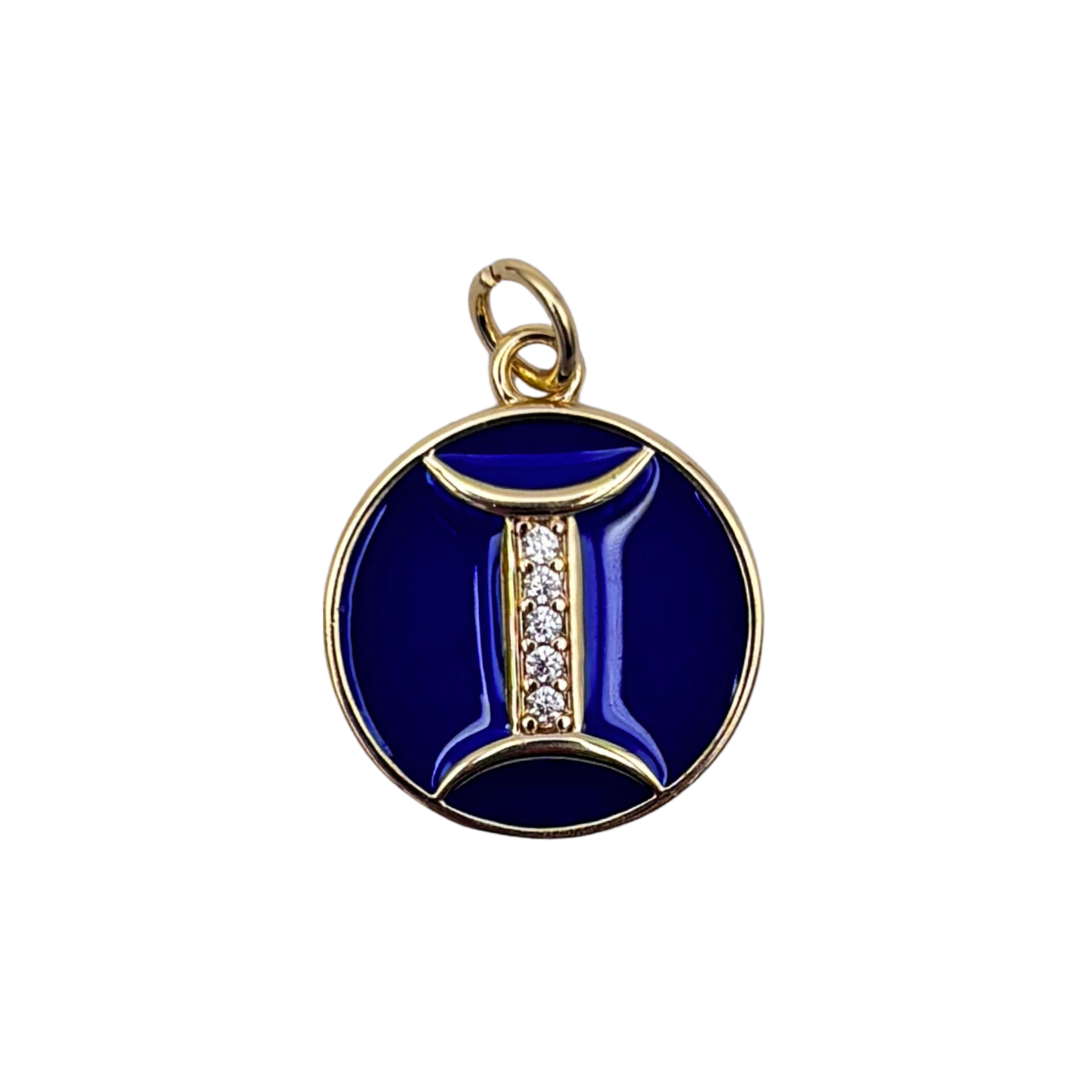 Gemini zodiac charm pendant with navy blue enamel disc, gold twins symbol, and crystal accent details by HOLST+LEE