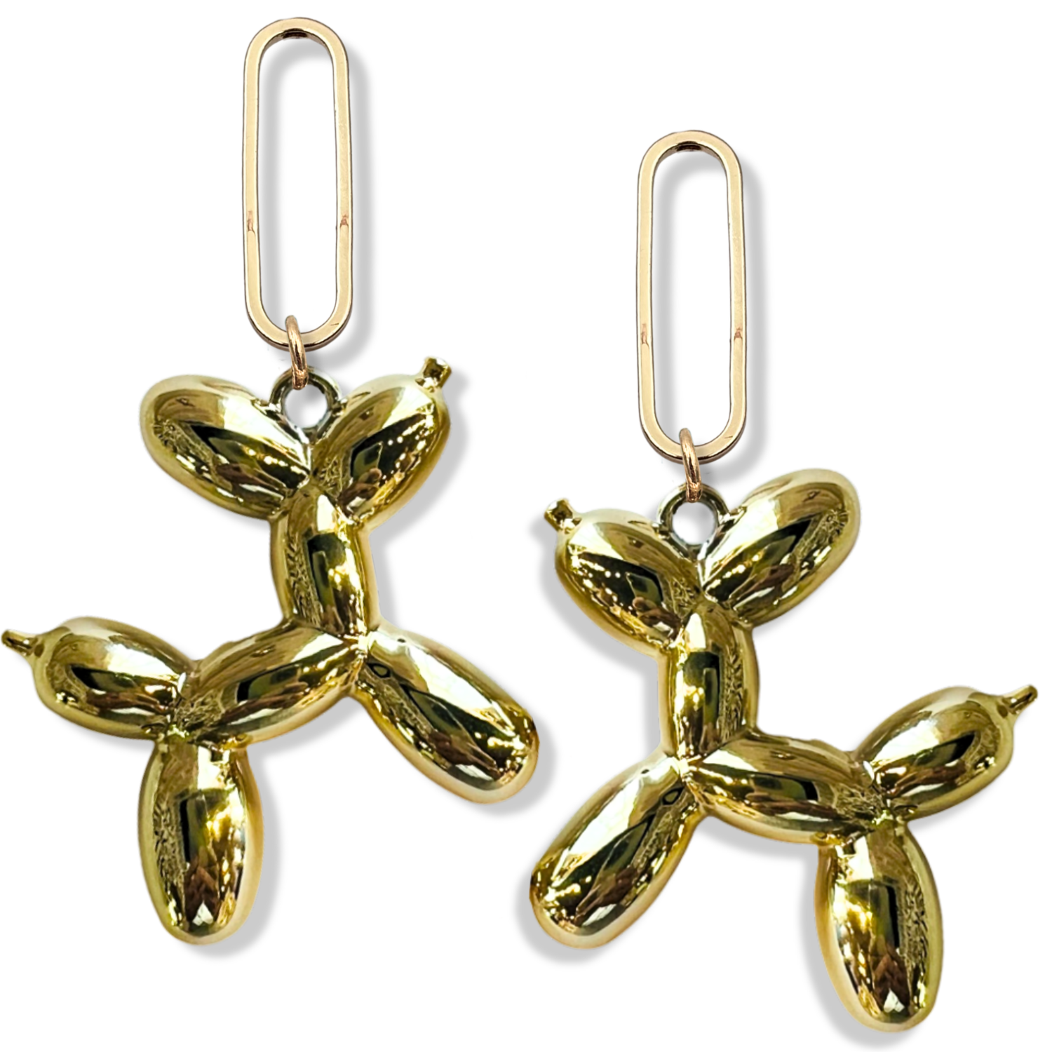 Metallic gold balloon dog dangle earrings with gold paperclip oval link connector and high-shine chrome finish by HOLST+LEE