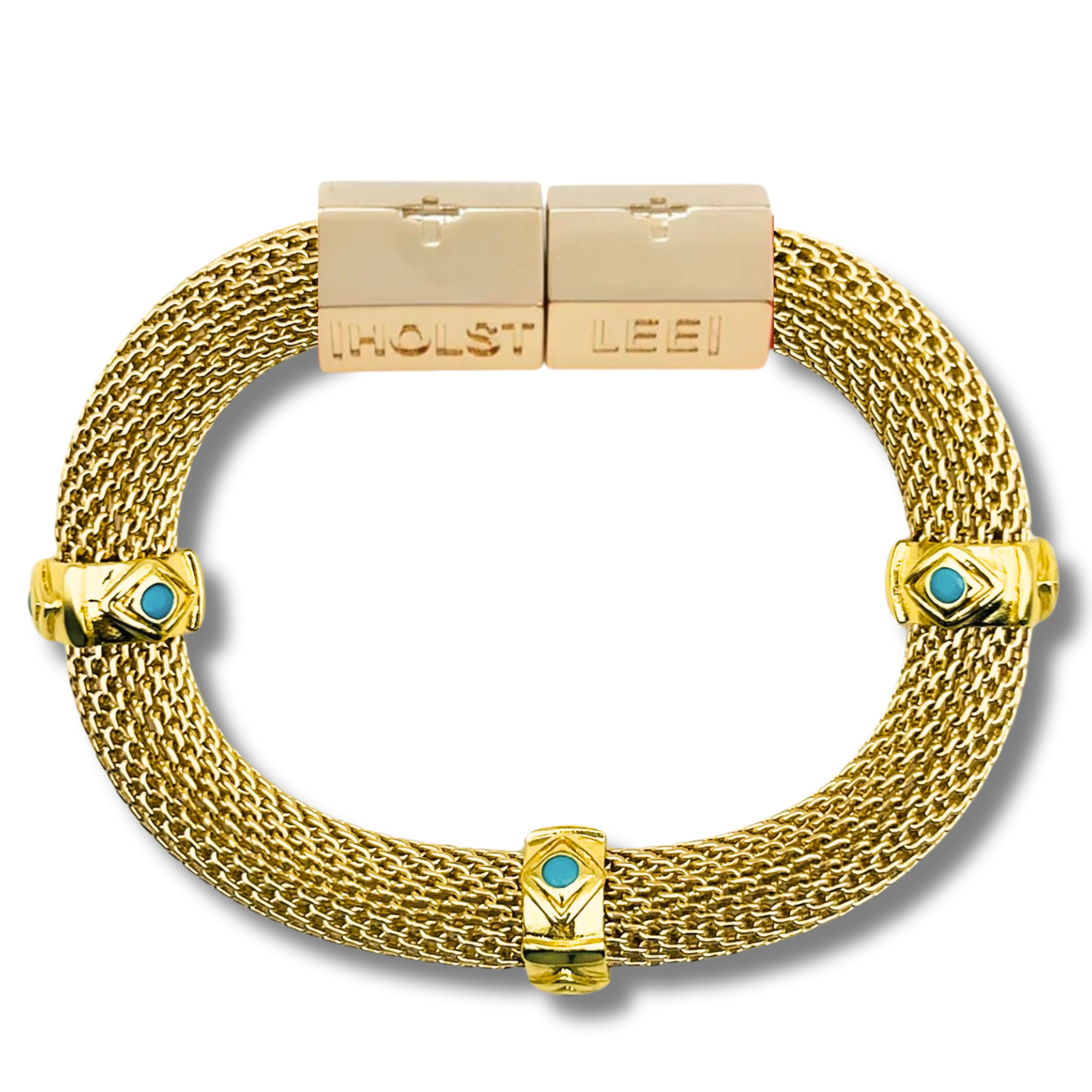 Gold woven mesh bracelet with 18K gold-filled magnetic clasped bracelet and pavé crystal ferrules by HOLST+LEE